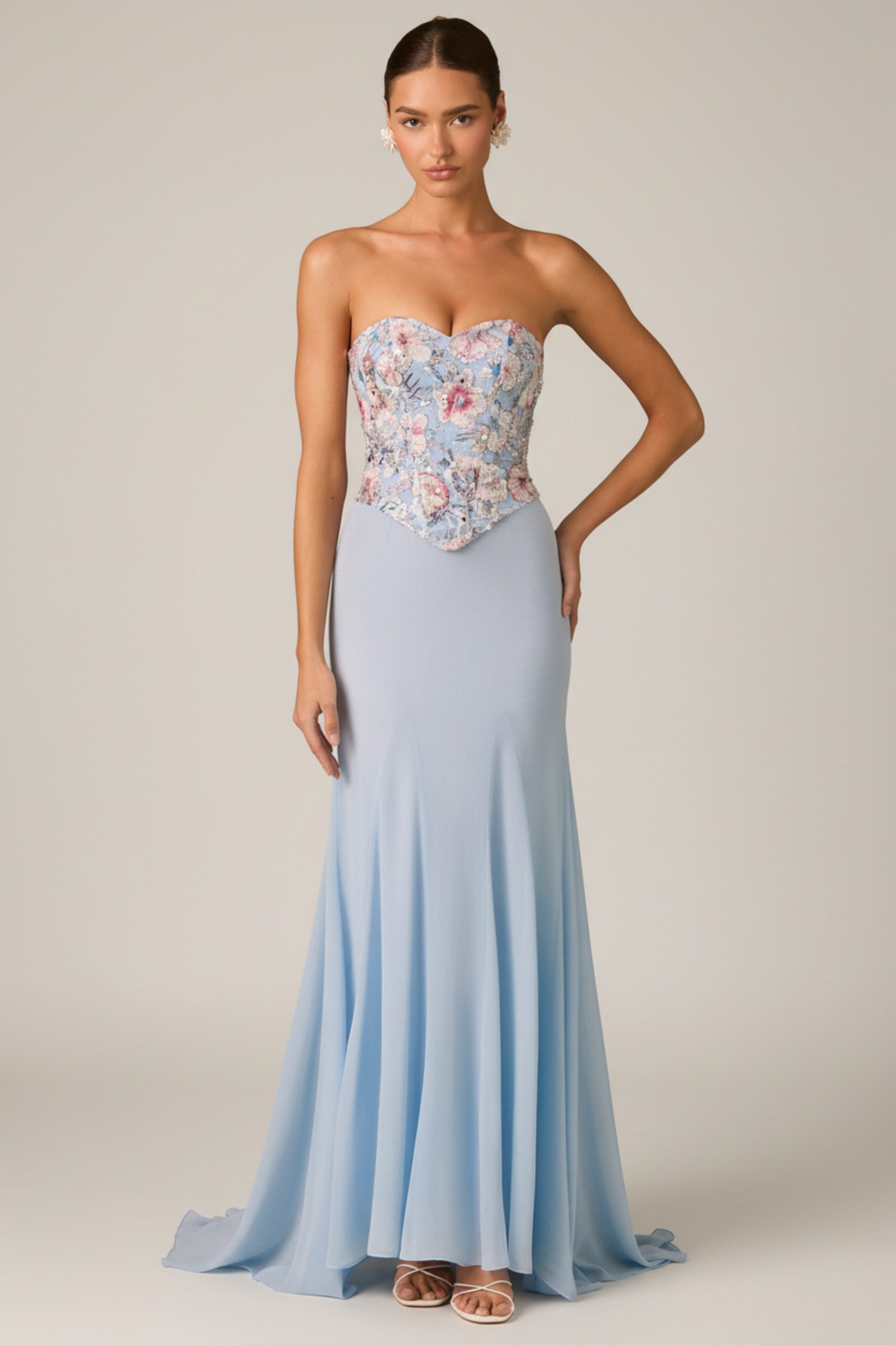 Embellished Corset Fishtail Gown in Floral Blue