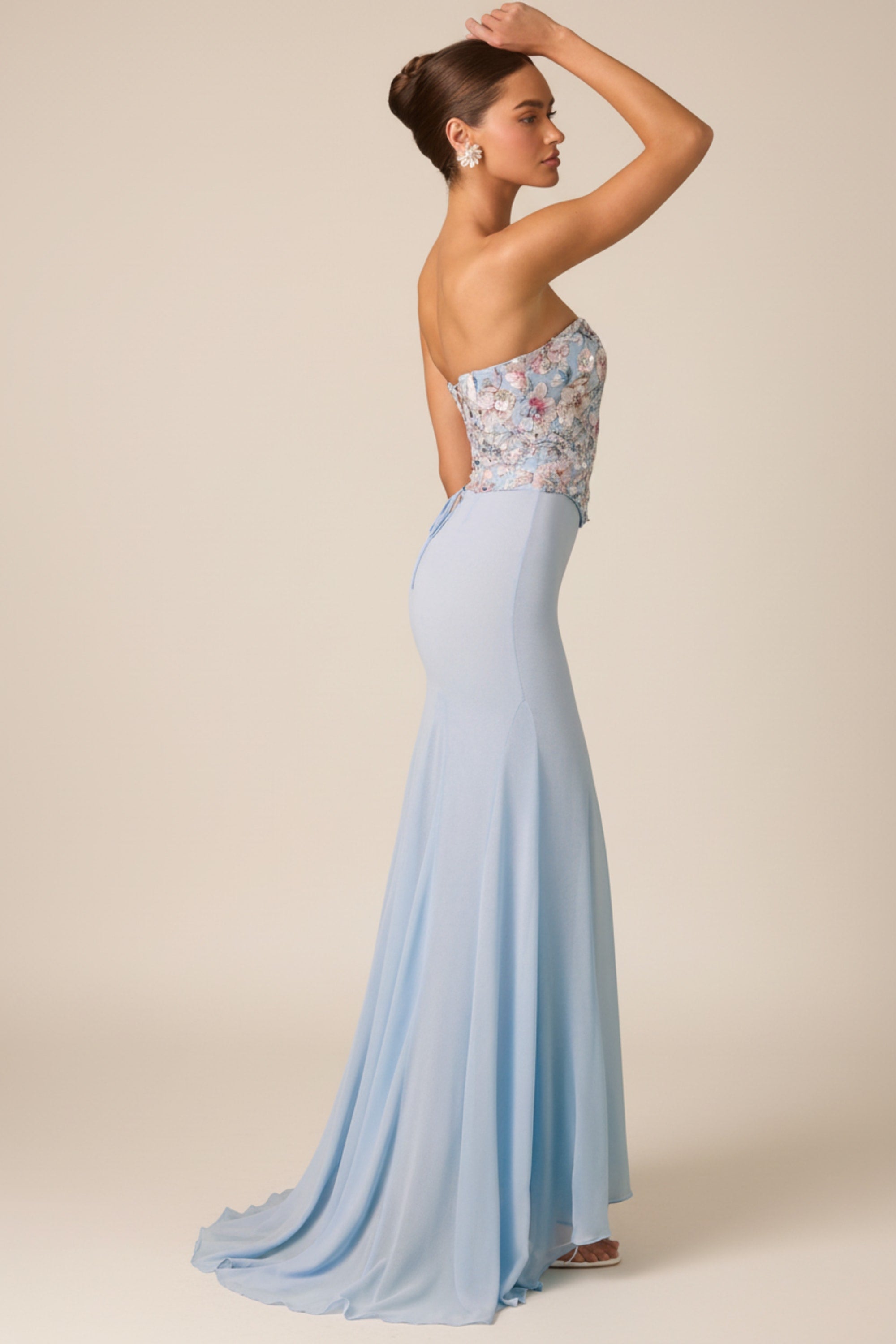 Embellished Corset Fishtail Gown in Floral Blue