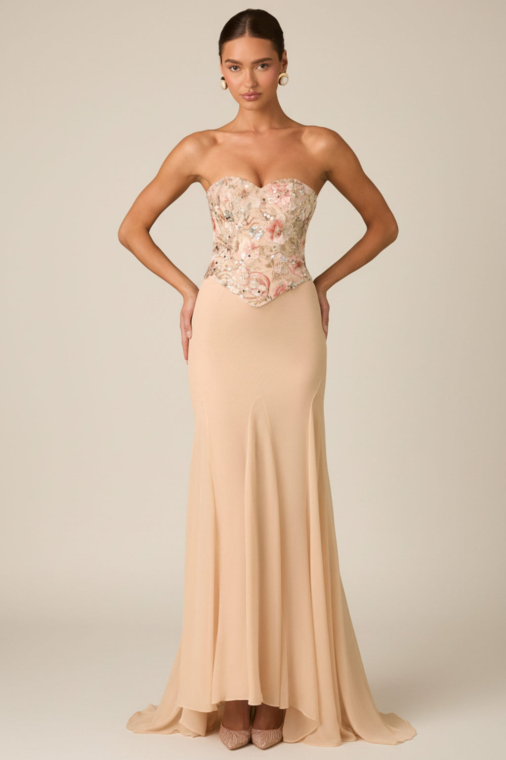 Embellished Corset Fishtail Gown in Floral Beige