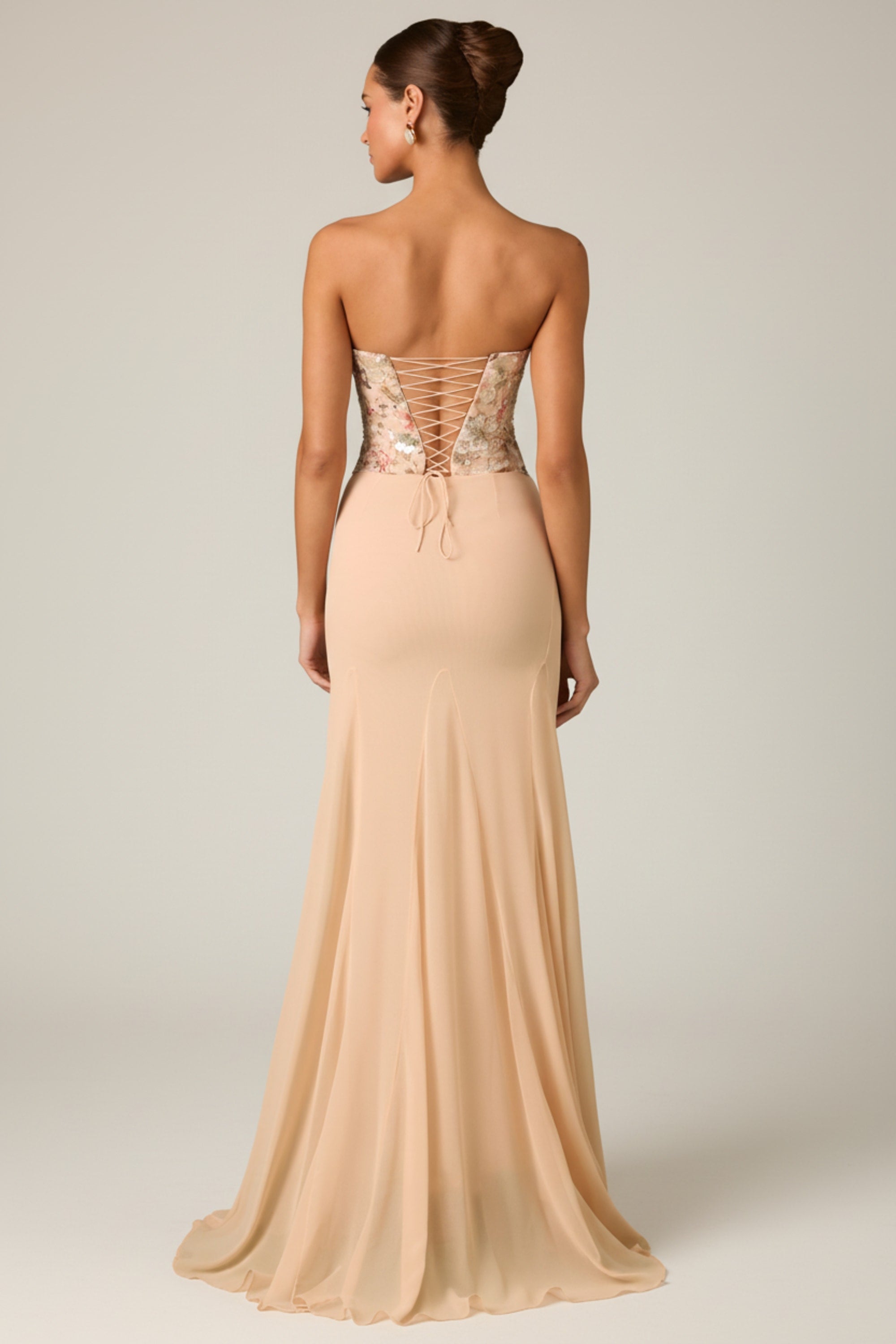 Embellished Corset Fishtail Gown in Floral Beige