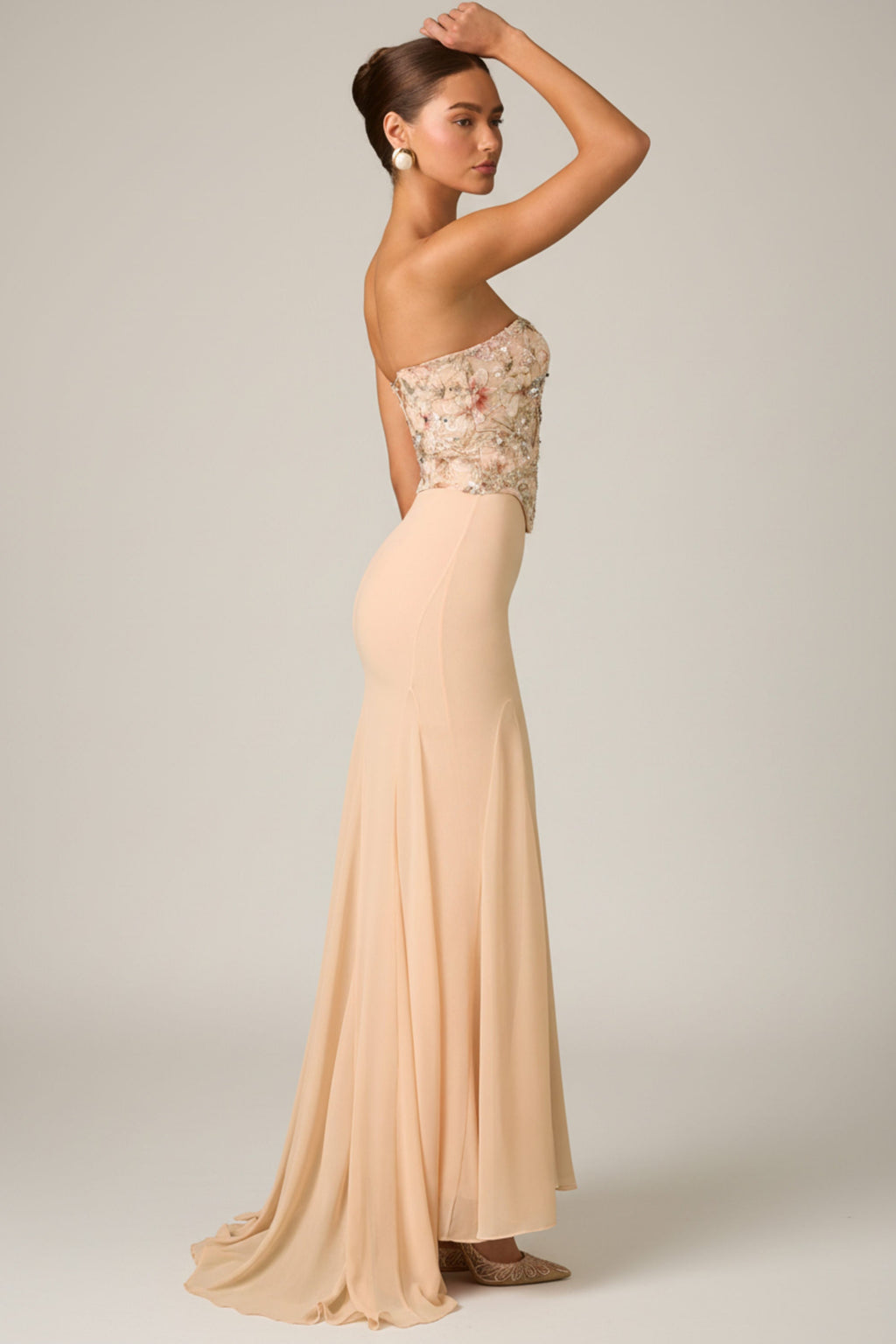 Embellished Corset Fishtail Gown in Floral Beige