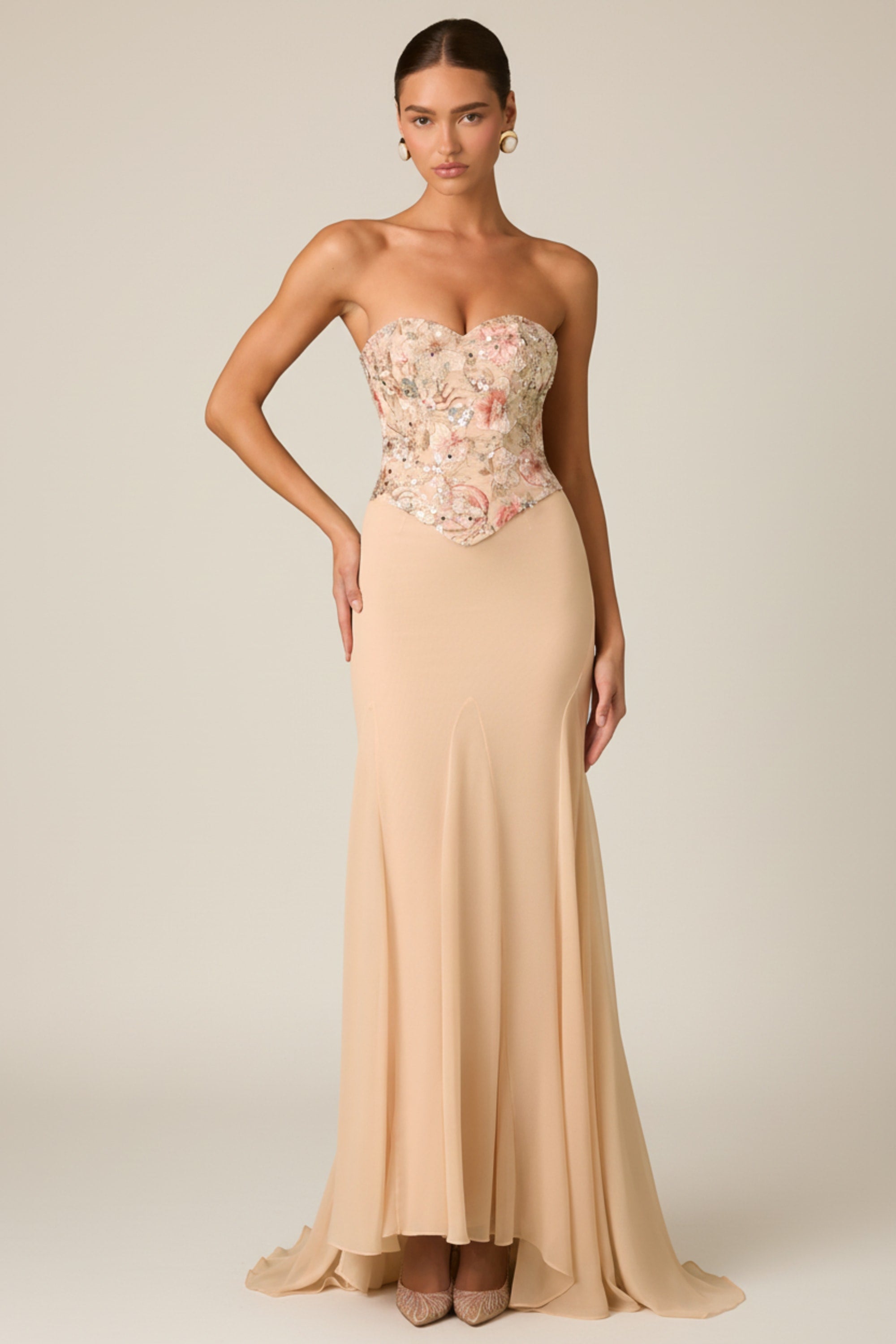 Embellished Corset Fishtail Gown in Floral Beige