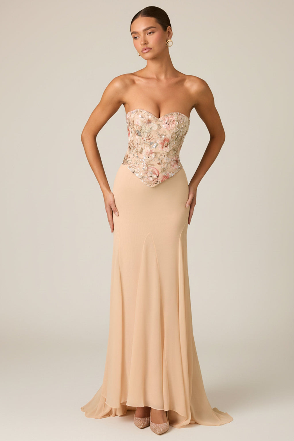 Embellished Corset Fishtail Gown in Floral Beige