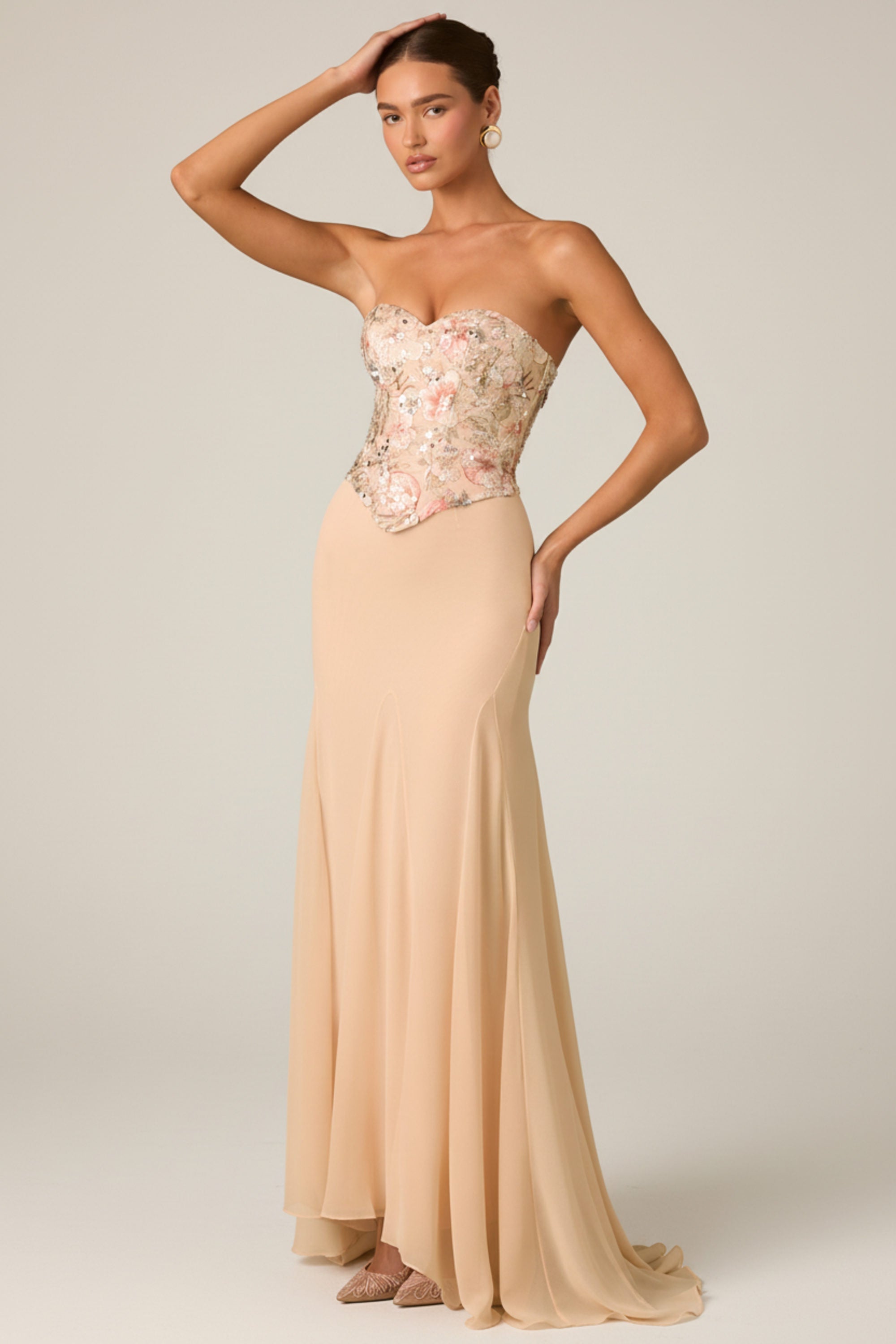 Embellished Corset Fishtail Gown in Floral Beige