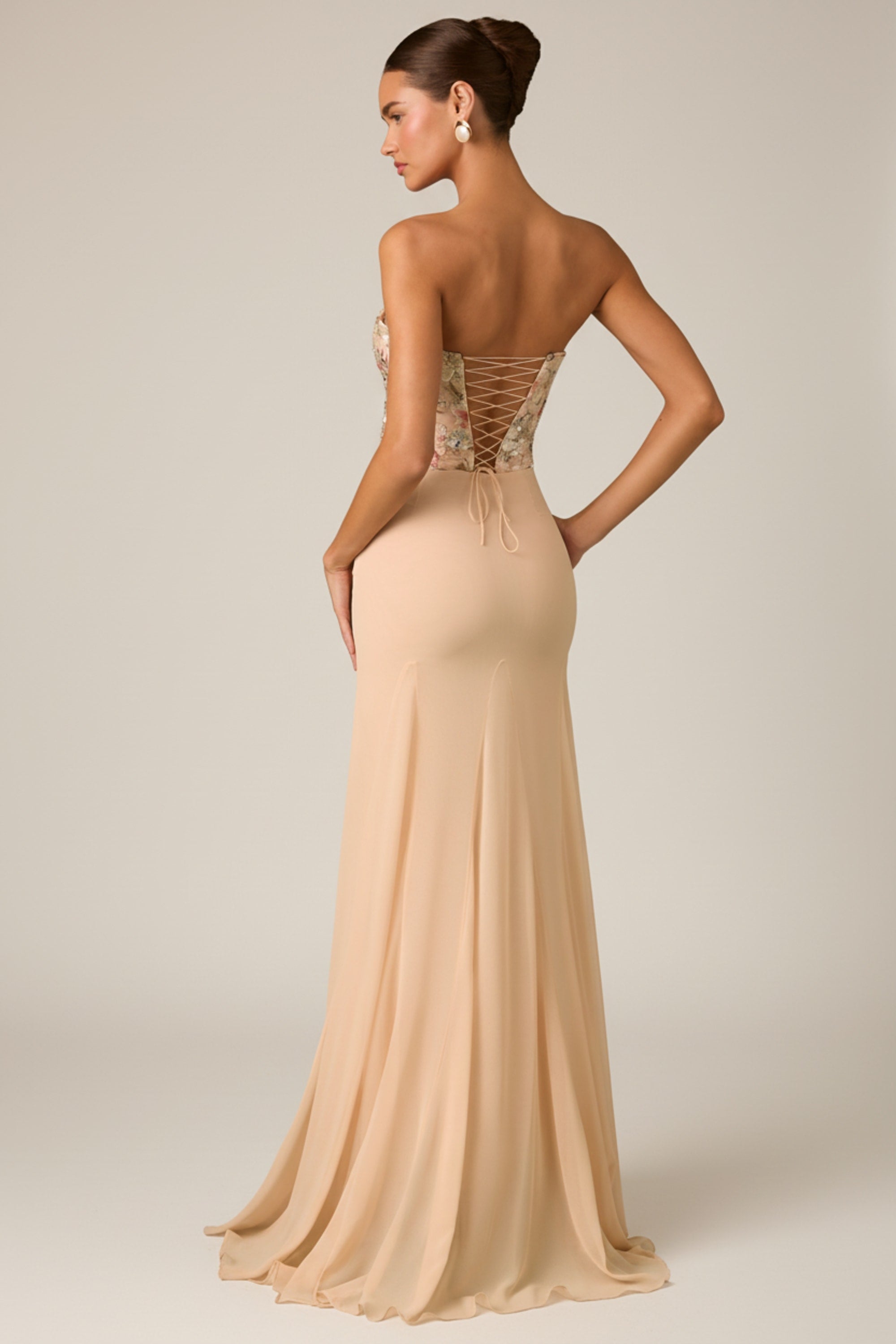 Embellished Corset Fishtail Gown in Floral Beige