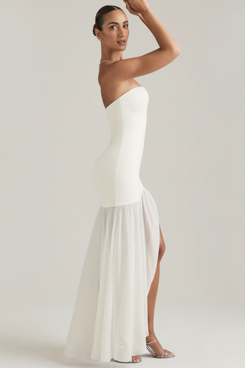 Asymmetric Strapless Fishtail Maxi Dress in Ivory