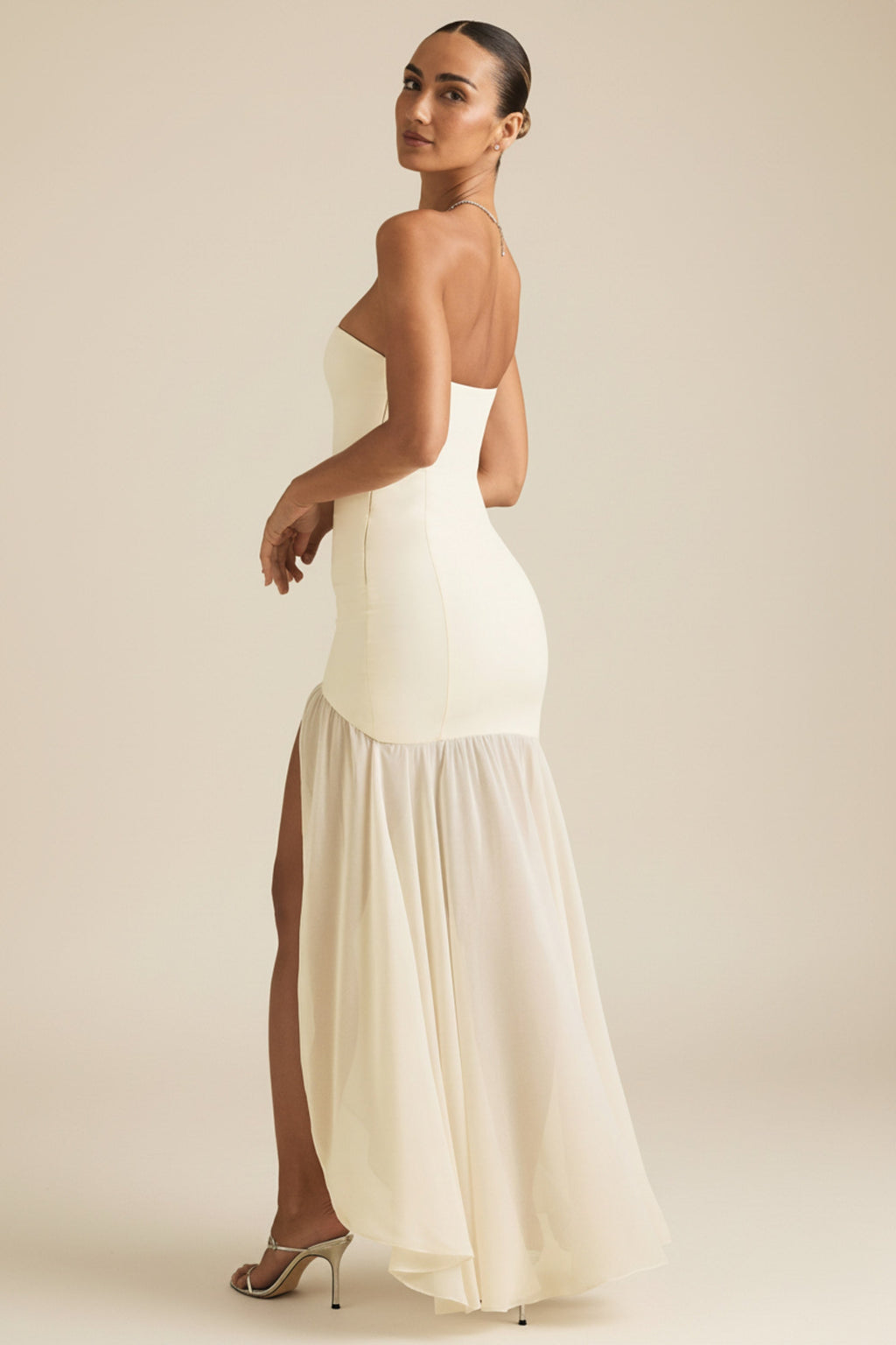 Asymmetric Strapless Fishtail Maxi Dress in Ivory