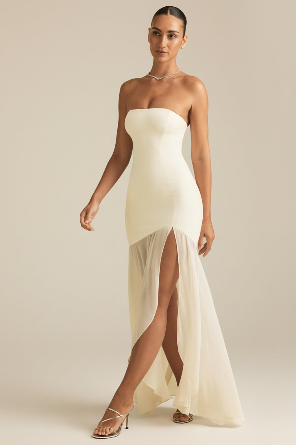Asymmetric Strapless Fishtail Maxi Dress in Ivory