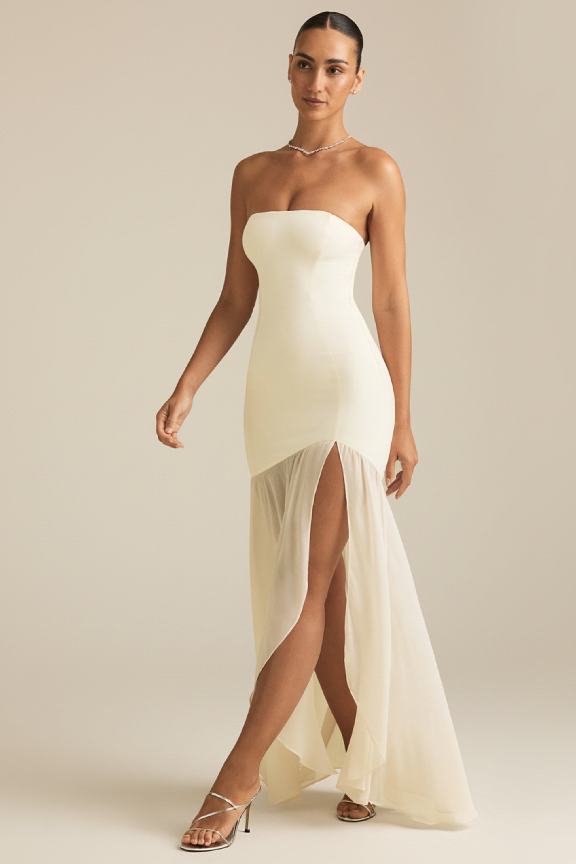 Asymmetric Strapless Fishtail Maxi Dress in Ivory