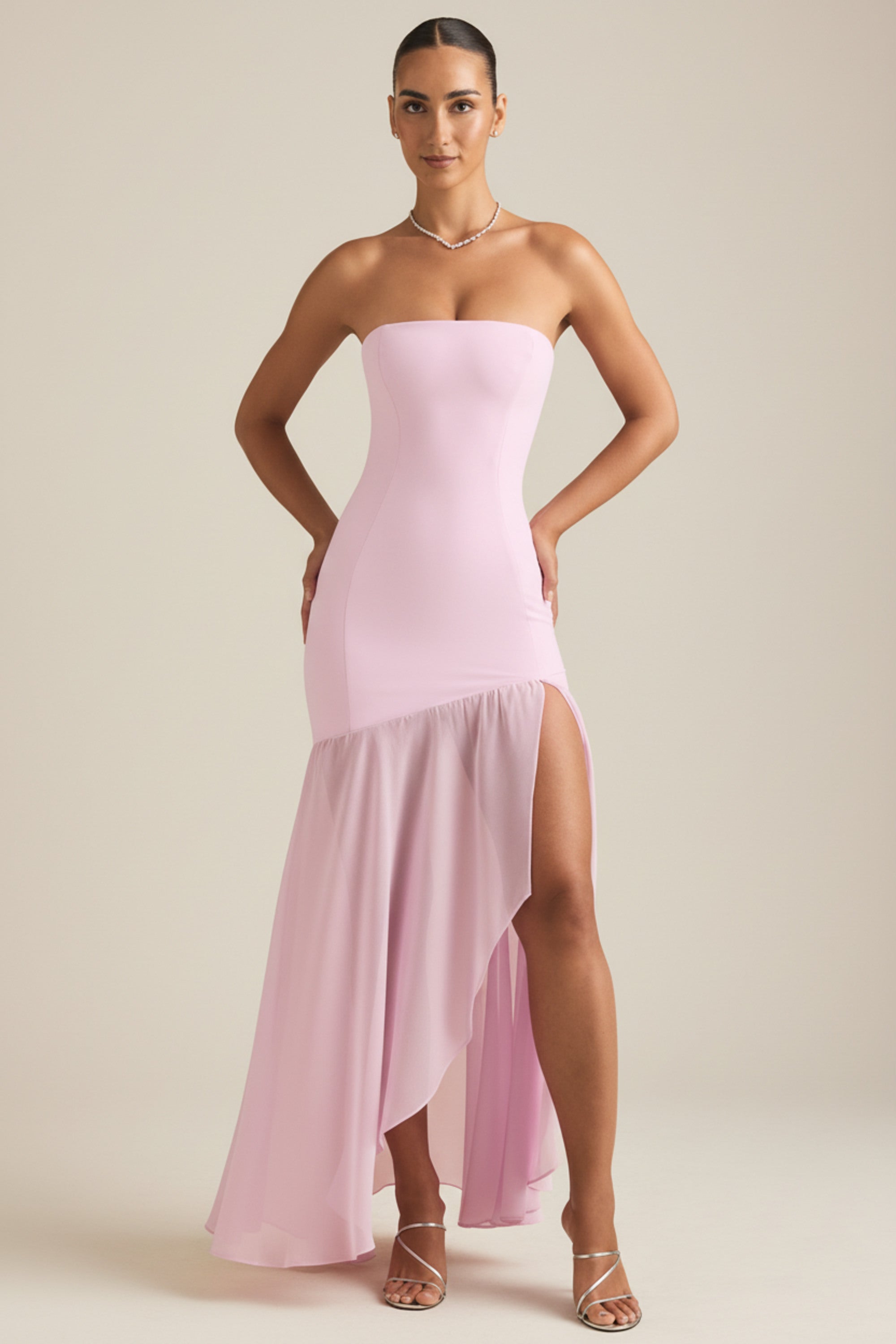 Asymmetric Strapless Fishtail Maxi Dress in Soft Pink