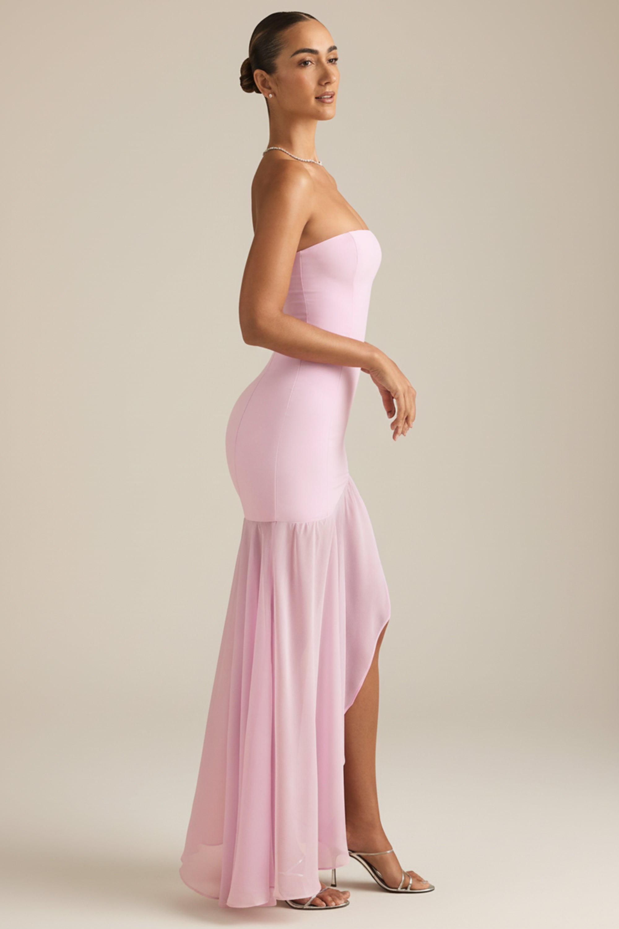 Asymmetric Strapless Fishtail Maxi Dress in Soft Pink
