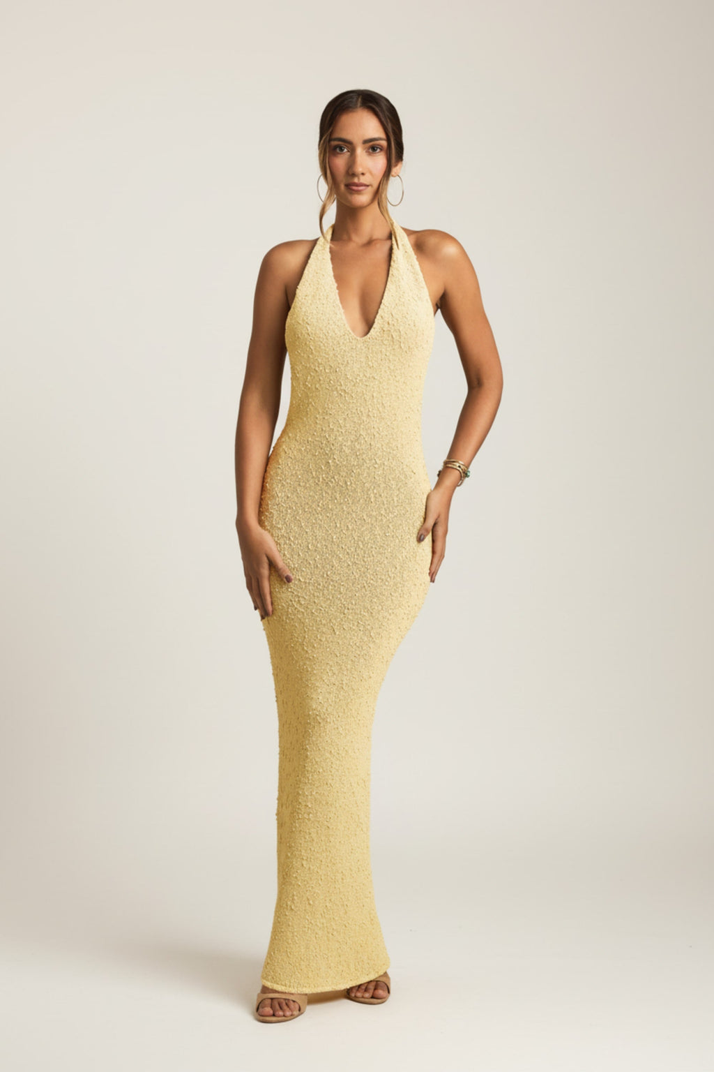 Bouclé Halterneck Maxi Dress in Yellow