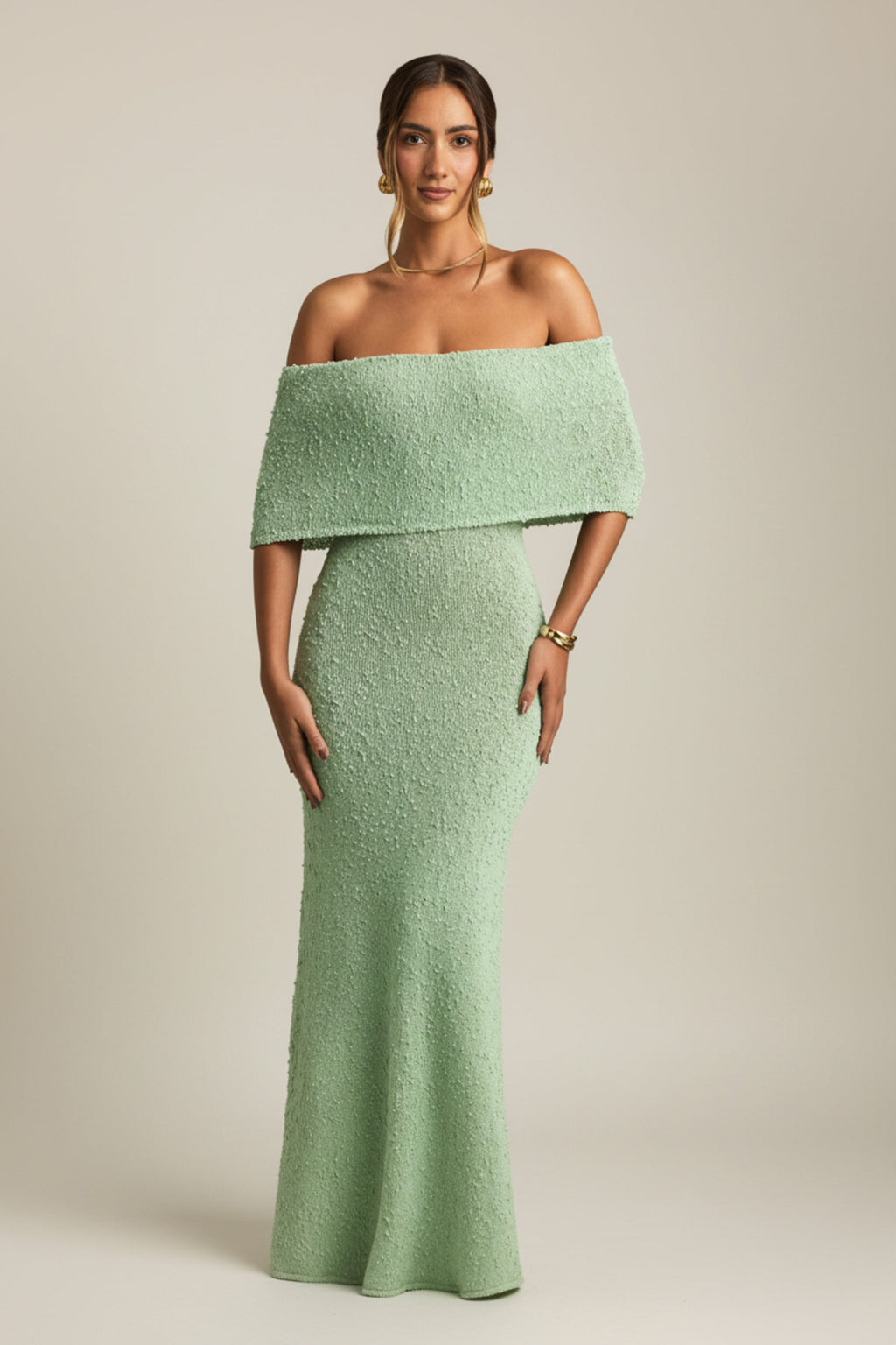 Bouclé Off-Shoulder Maxi Dress in Mint