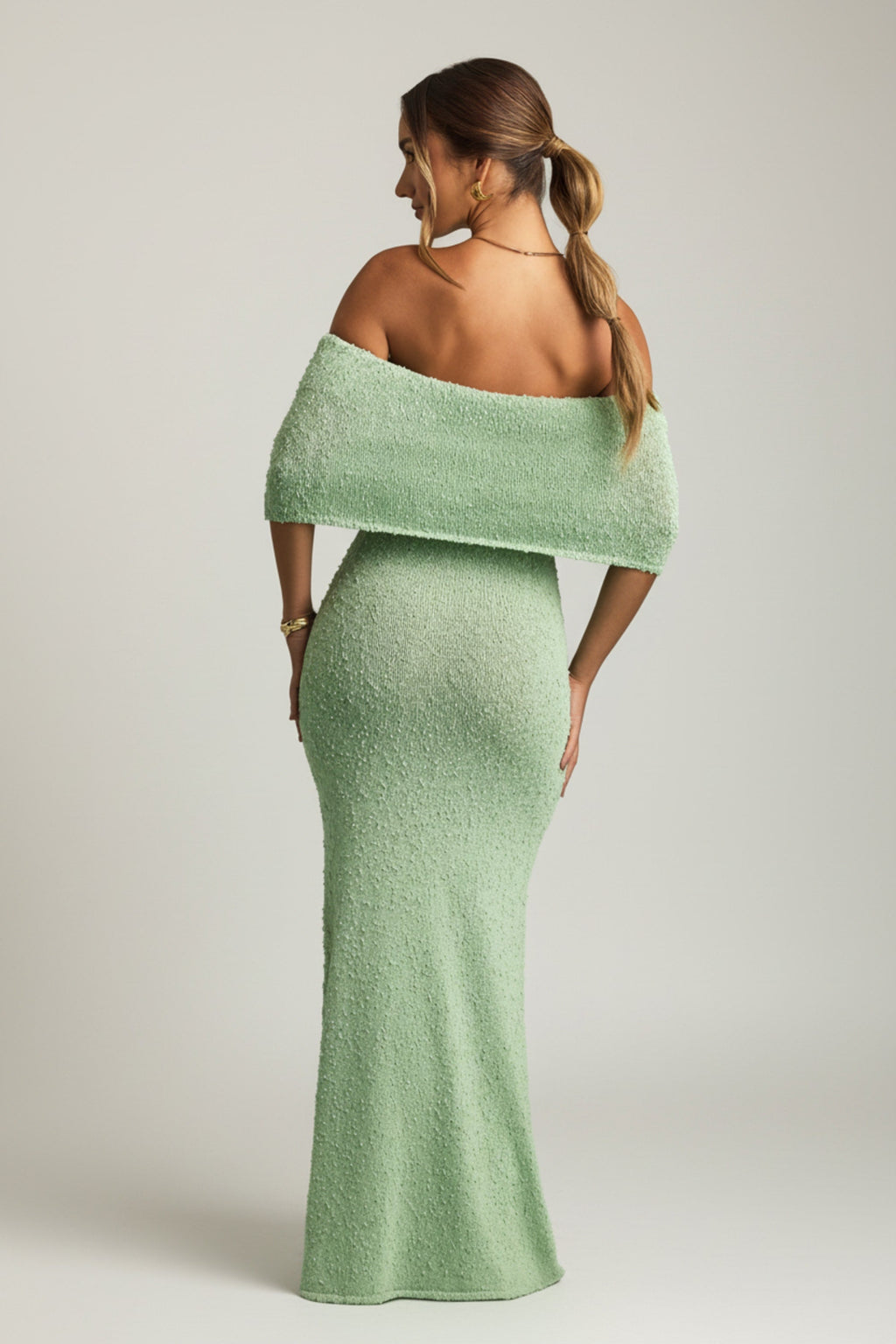 Bouclé Off-Shoulder Maxi Dress in Mint