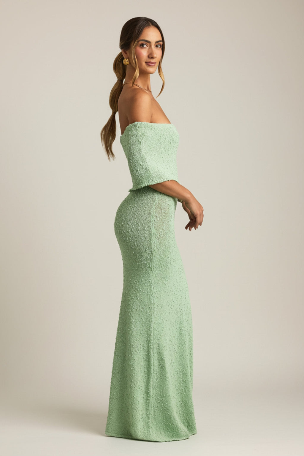 Bouclé Off-Shoulder Maxi Dress in Mint