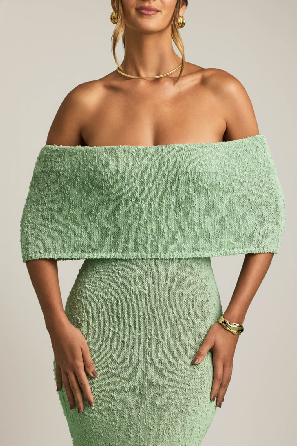 Bouclé Off-Shoulder Maxi Dress in Mint