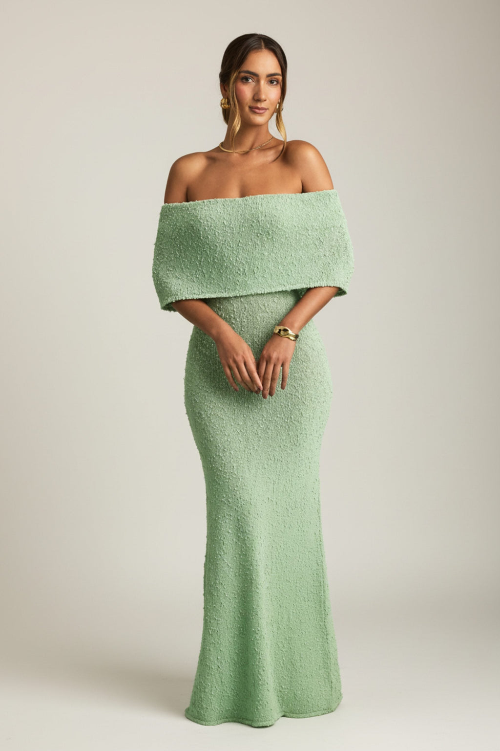 Bouclé Off-Shoulder Maxi Dress in Mint