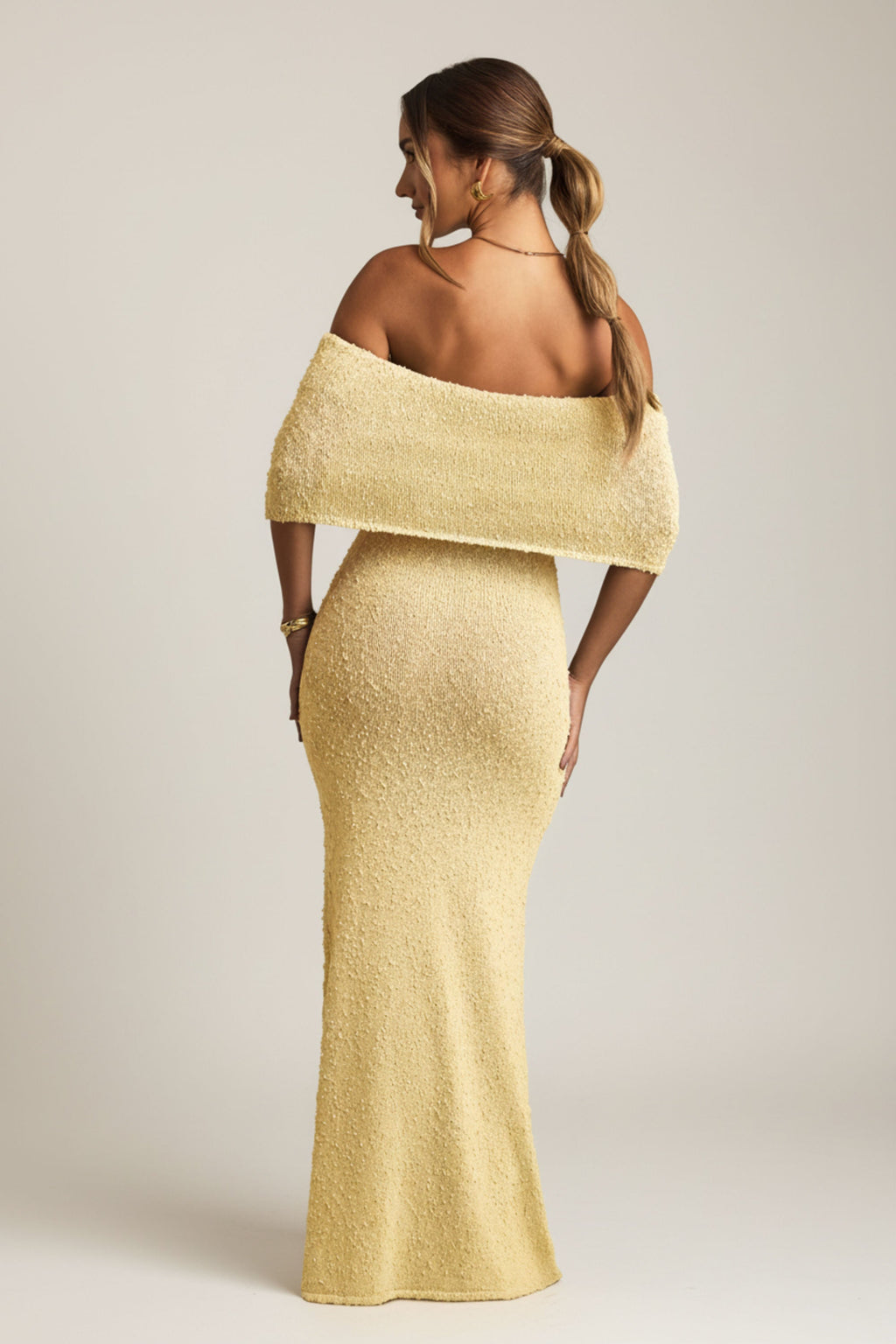 Bouclé Off-Shoulder Maxi Dress in Yellow