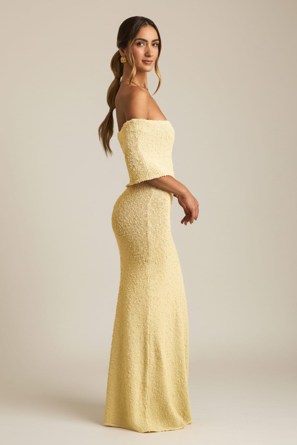 Bouclé Off-Shoulder Maxi Dress in Yellow