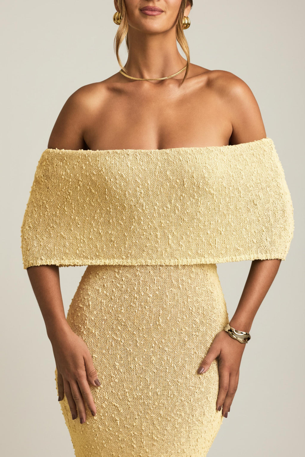 Bouclé Off-Shoulder Maxi Dress in Yellow