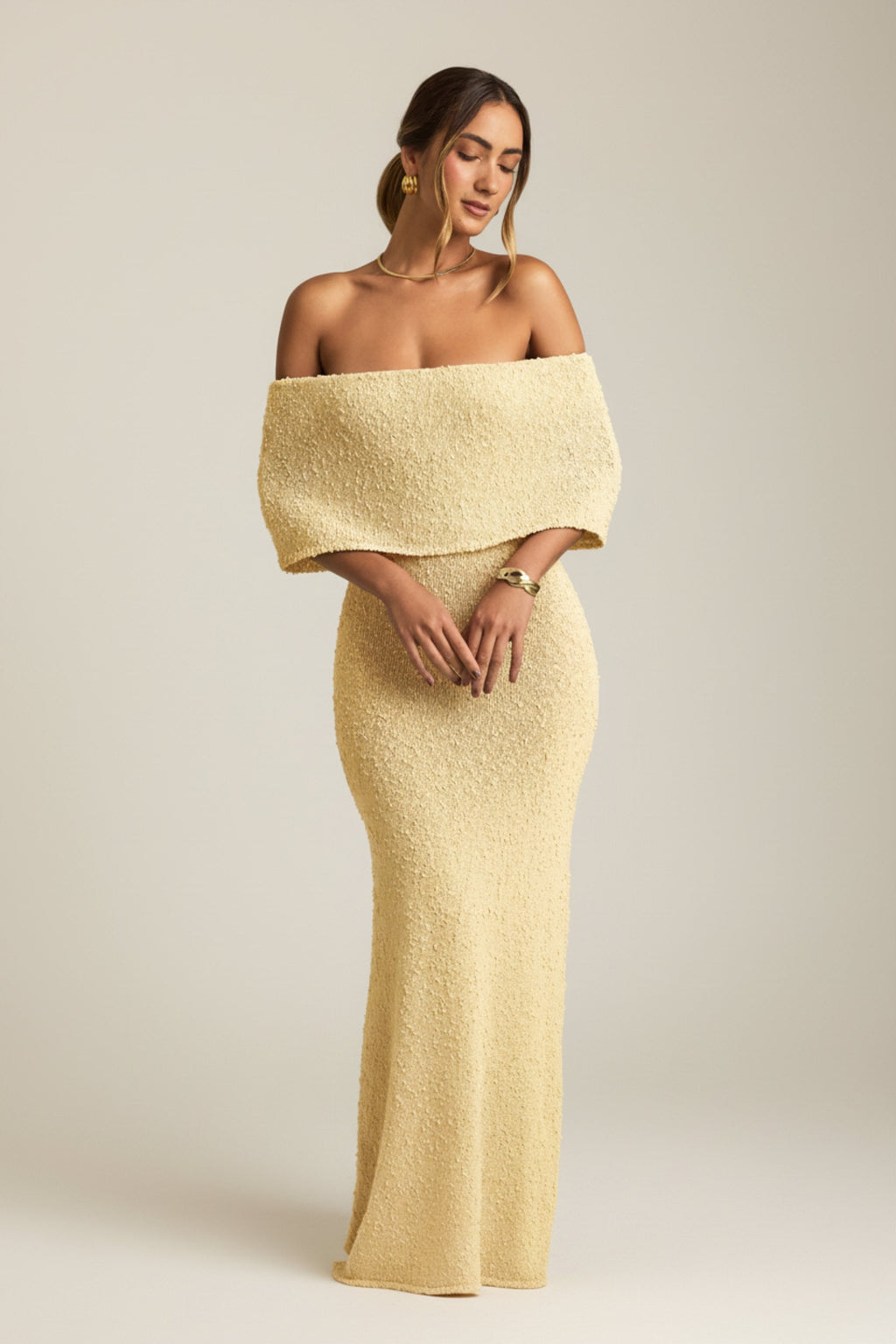 Bouclé Off-Shoulder Maxi Dress in Yellow