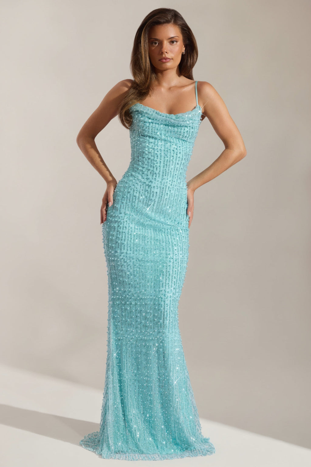 Embellished Cowl-Neck Backless Maxi Dress in Aqua Blue