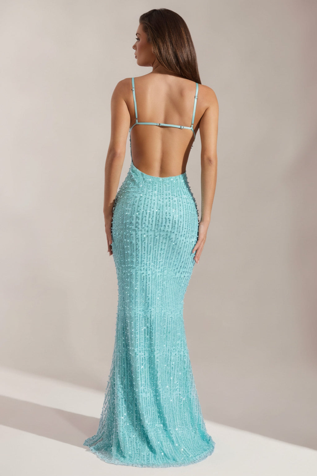 Embellished Cowl-Neck Backless Maxi Dress in Aqua Blue