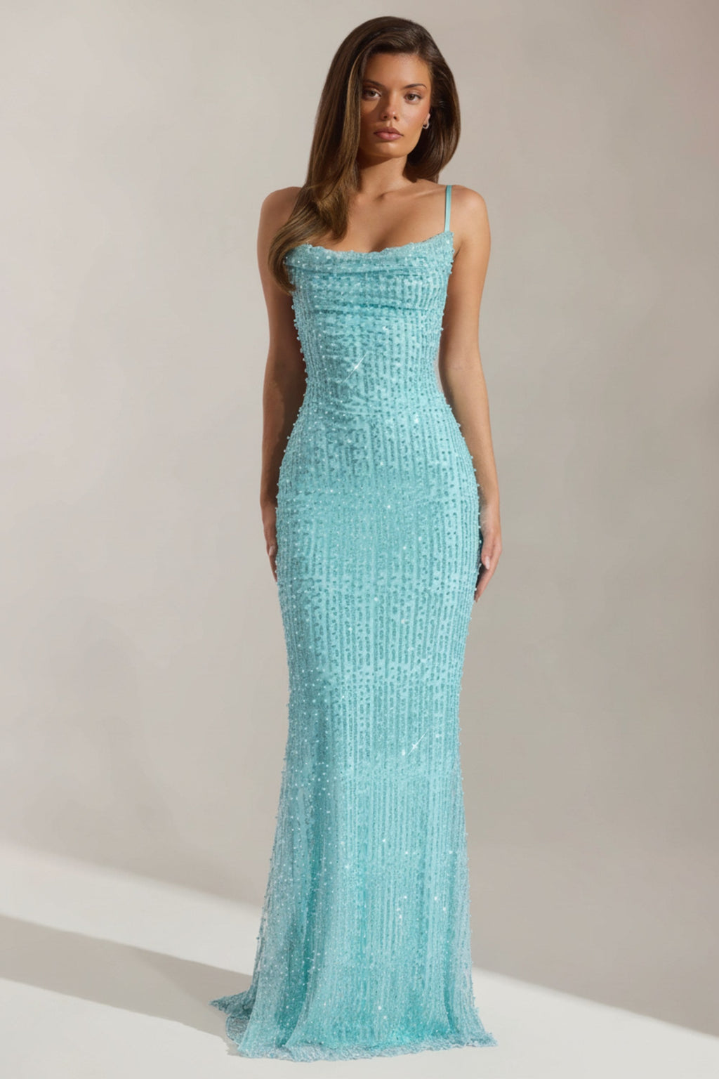 Embellished Cowl-Neck Backless Maxi Dress in Aqua Blue