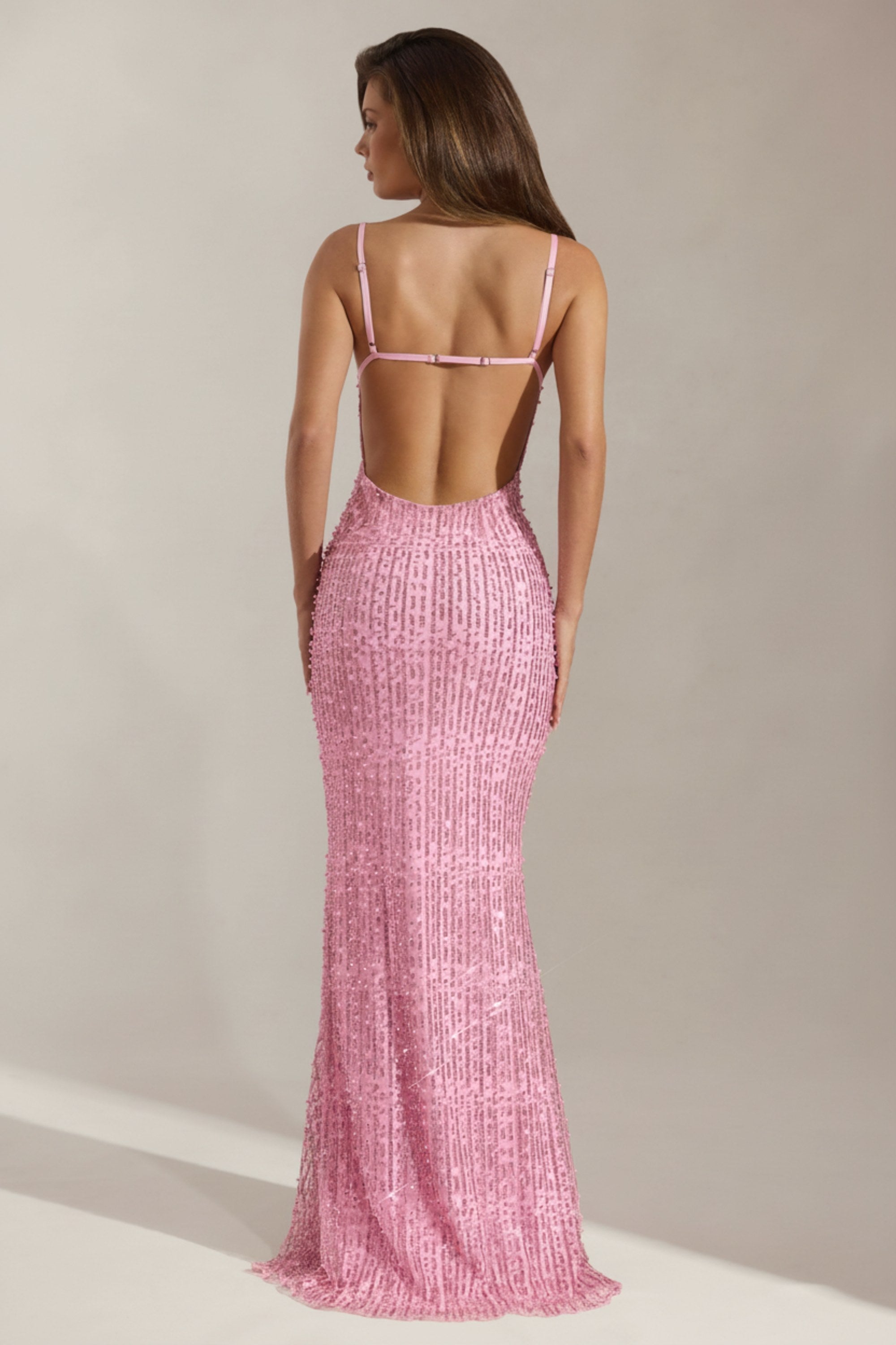 Embellished Cowl-Neck Backless Maxi Dress in Pink