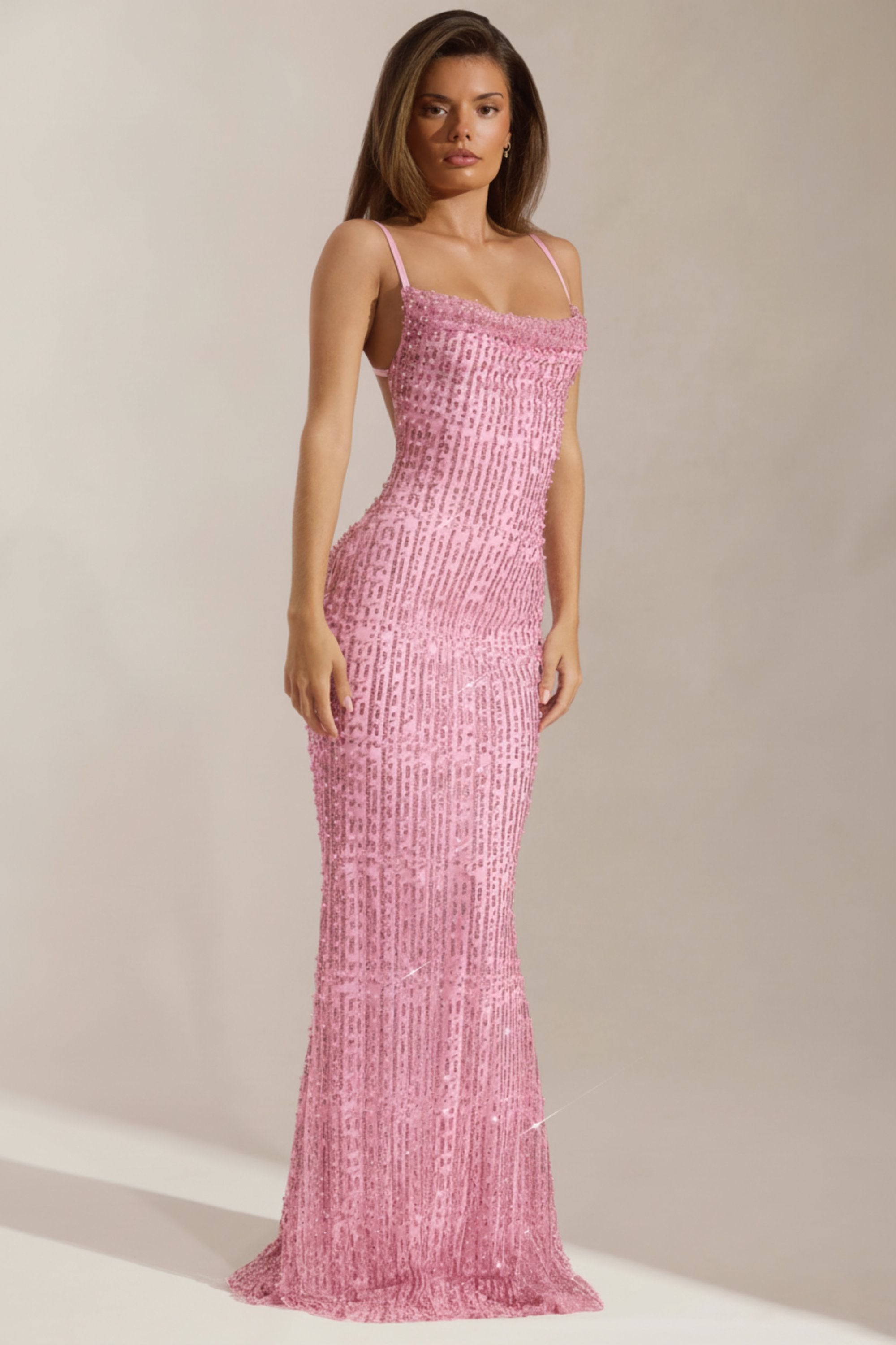 Embellished Cowl-Neck Backless Maxi Dress in Pink