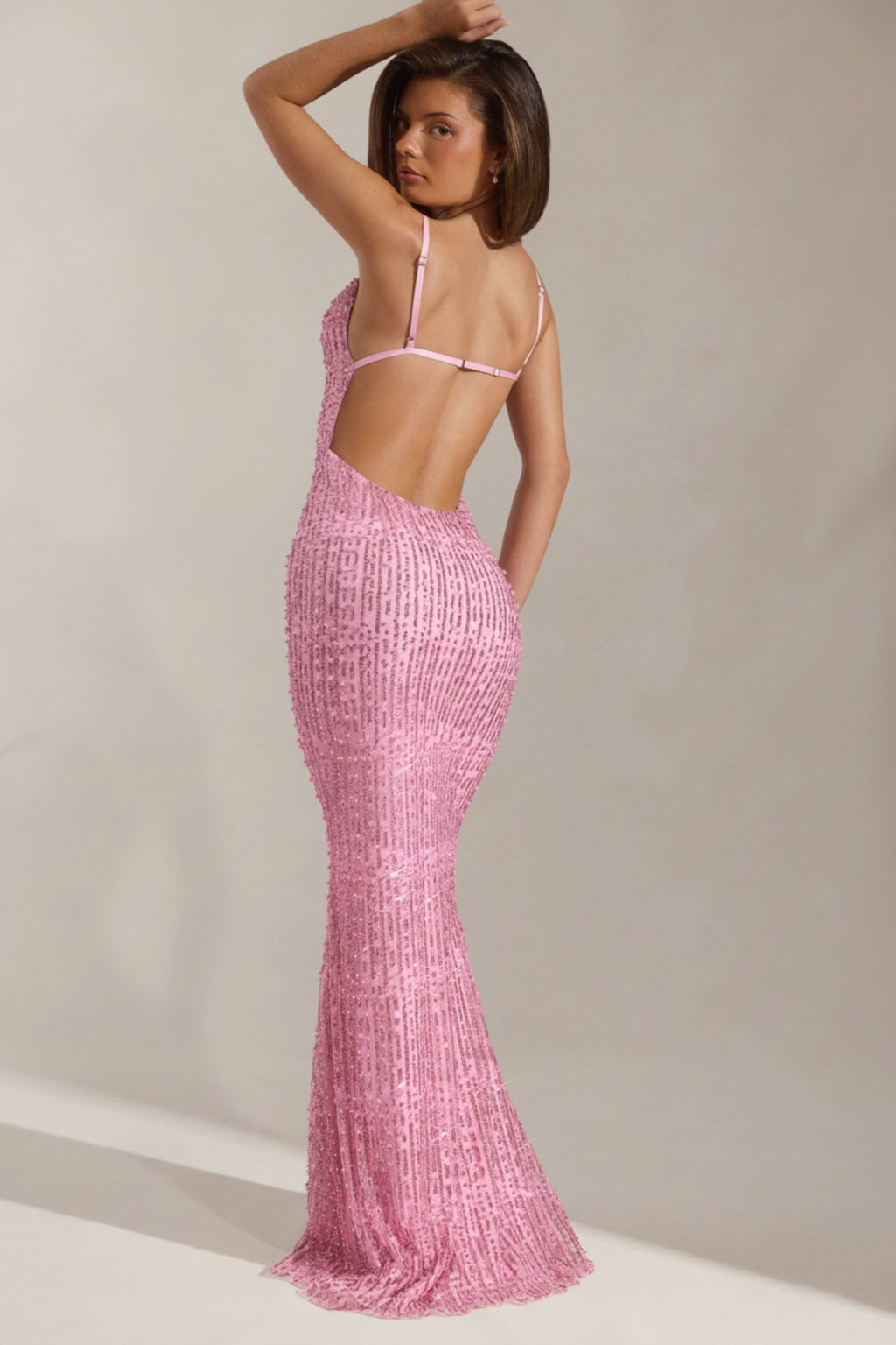 Embellished Cowl-Neck Backless Maxi Dress in Pink