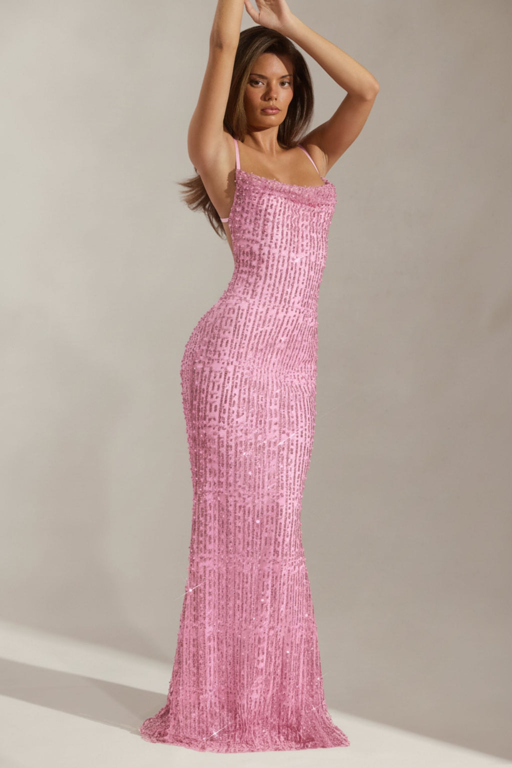 Embellished Cowl-Neck Backless Maxi Dress in Pink