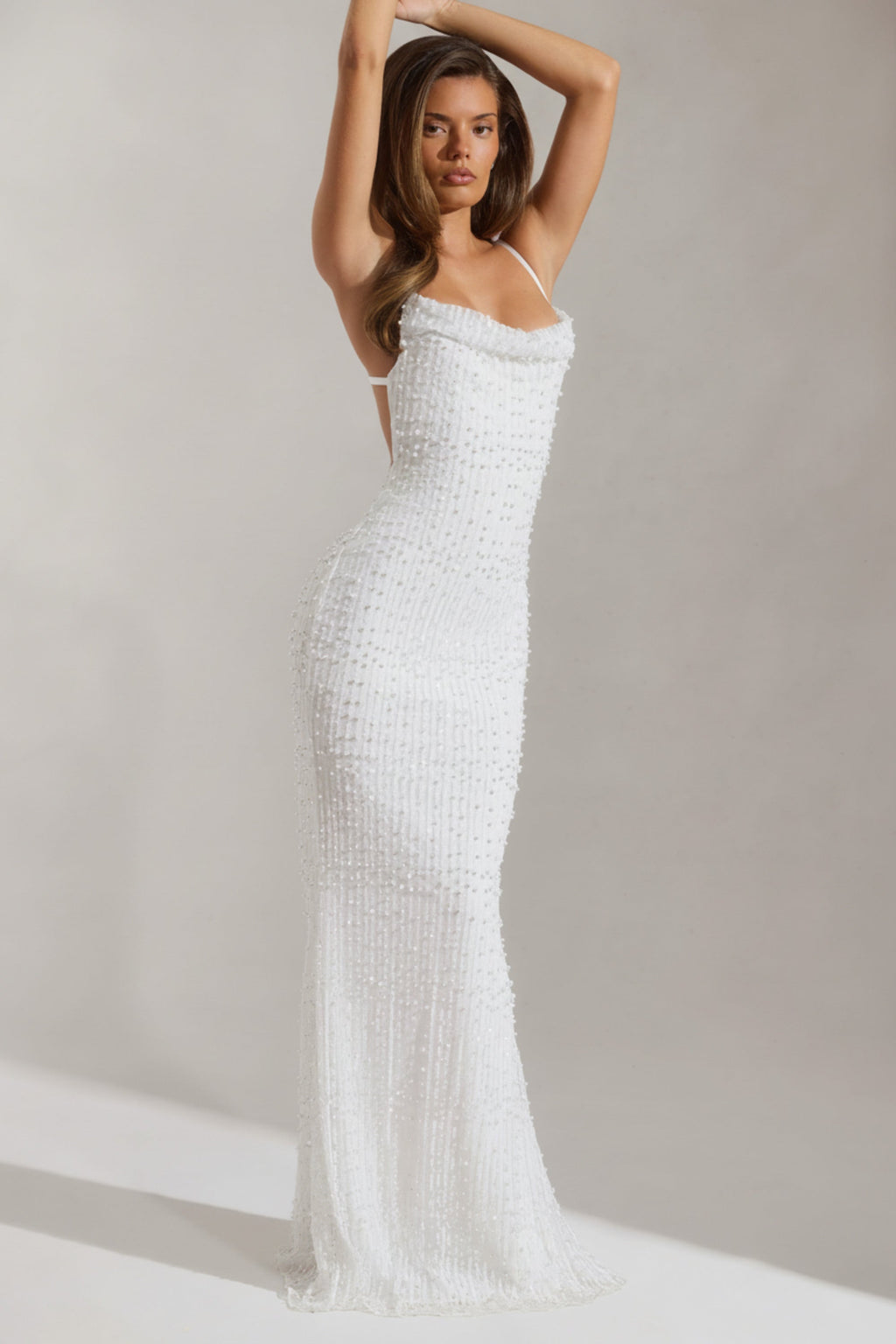 Embellished Cowl-Neck Backless Maxi Dress in White