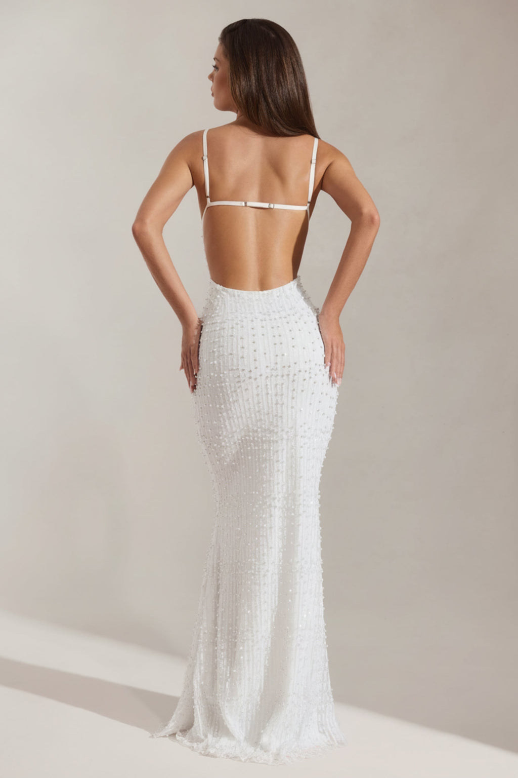 Embellished Cowl-Neck Backless Maxi Dress in White