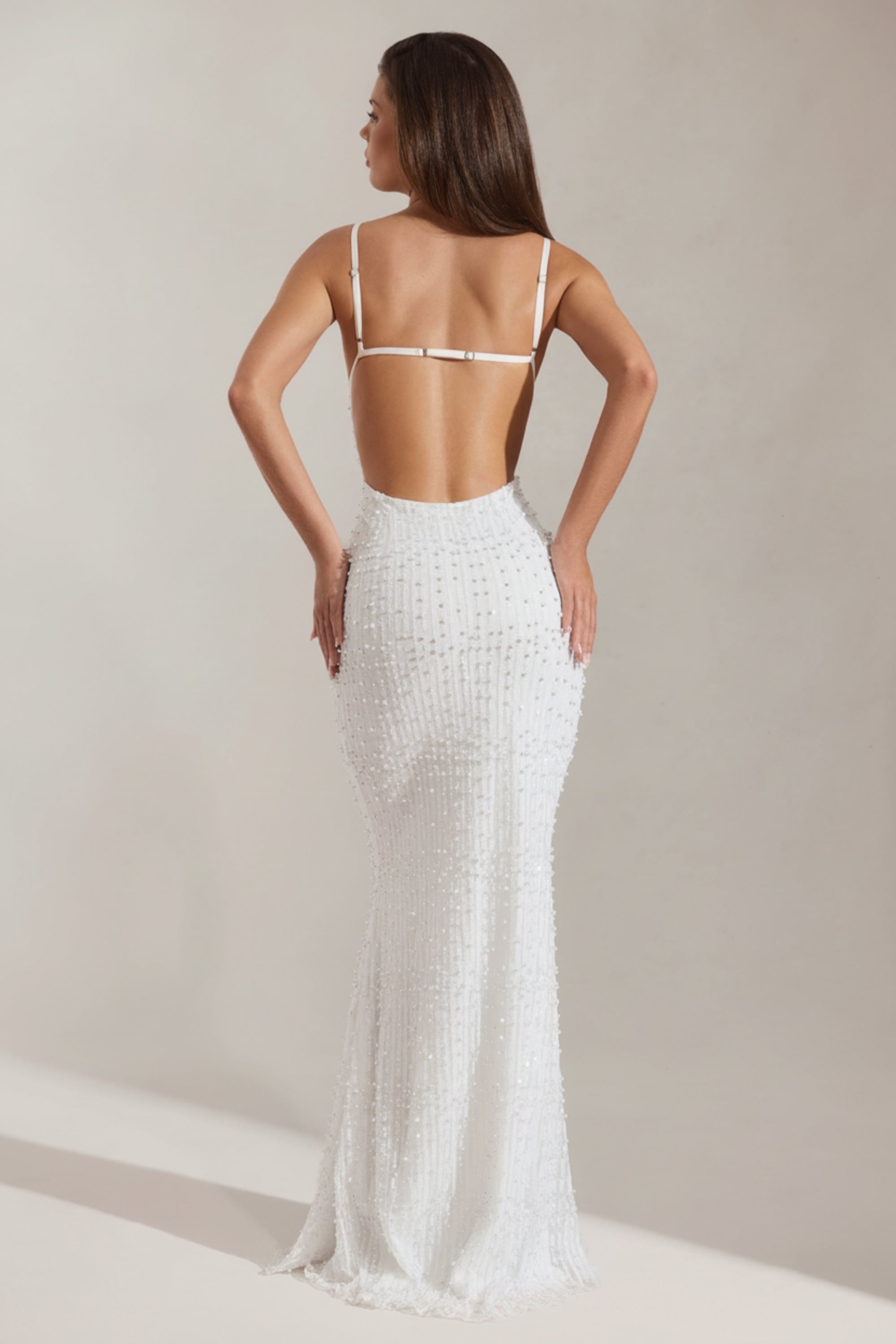 Embellished Cowl-Neck Backless Maxi Dress in White