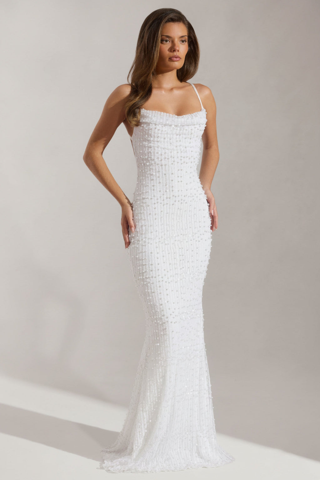 Embellished Cowl-Neck Backless Maxi Dress in White