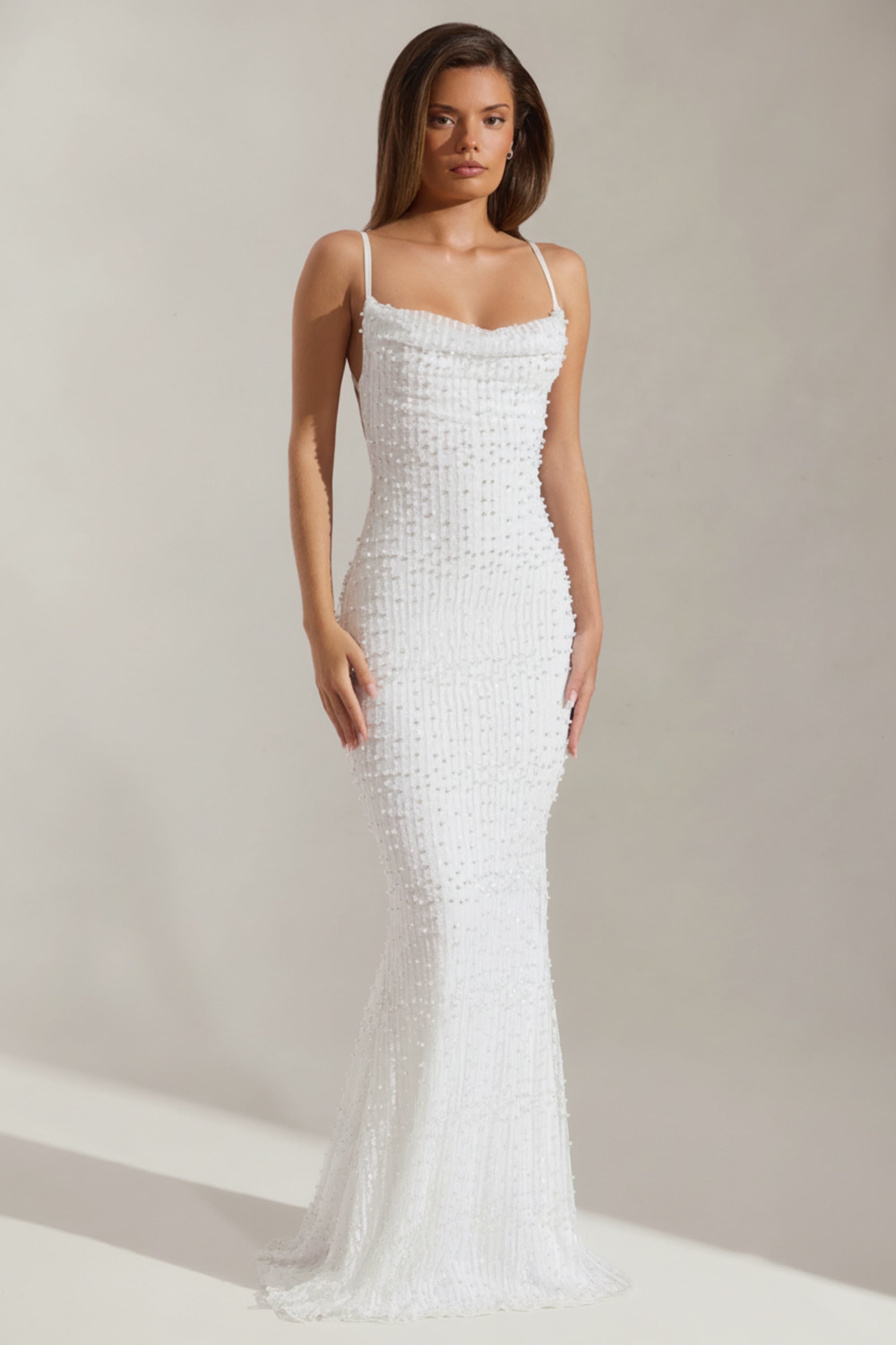 Embellished Cowl-Neck Backless Maxi Dress in White