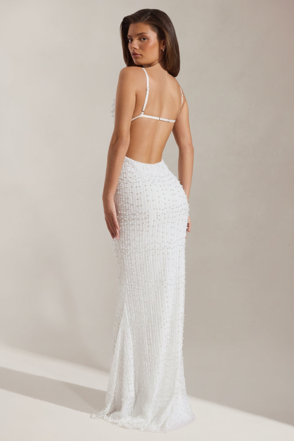 Embellished Cowl-Neck Backless Maxi Dress in White