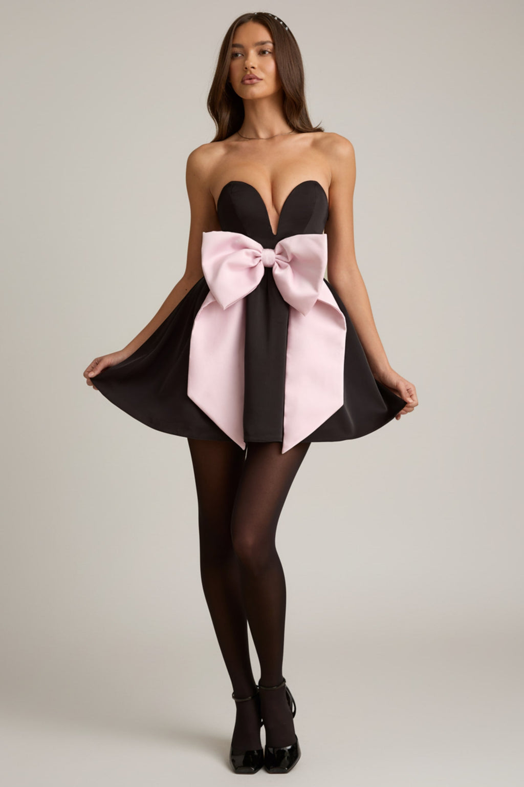 Bow-Detail Corset Mini Dress in Black