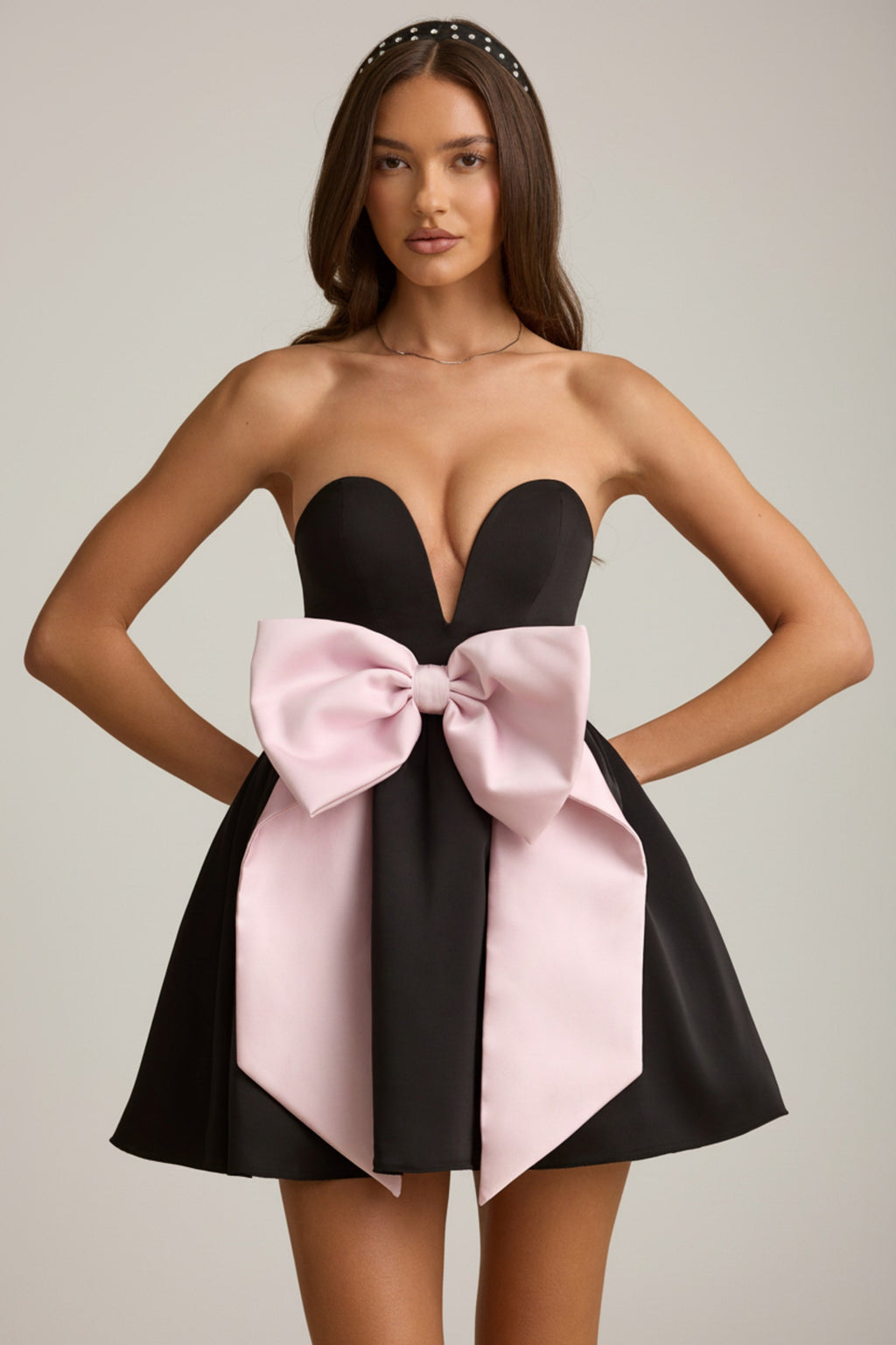 Bow-Detail Corset Mini Dress in Black
