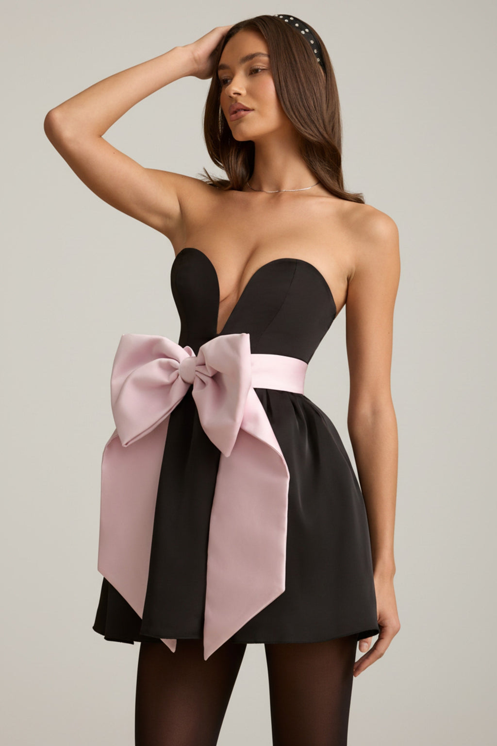 Bow-Detail Corset Mini Dress in Black