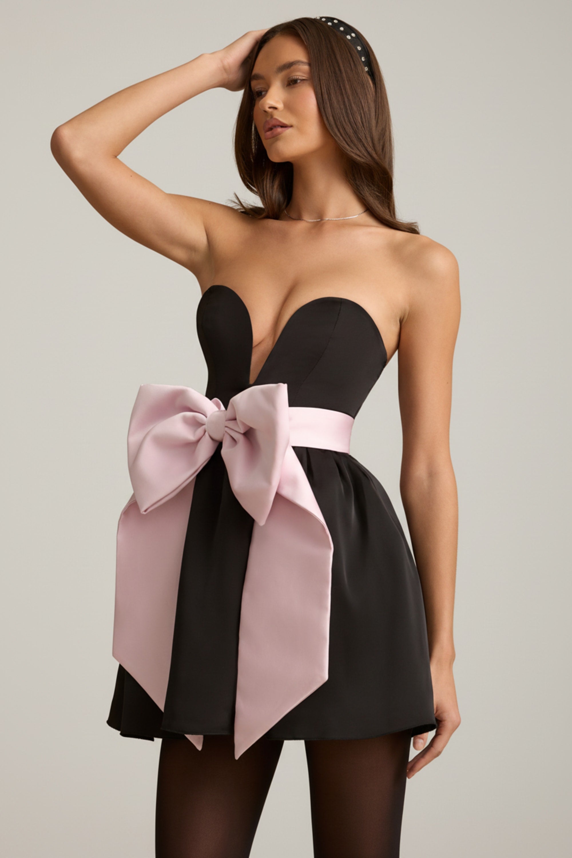 Bow-Detail Corset Mini Dress in Black