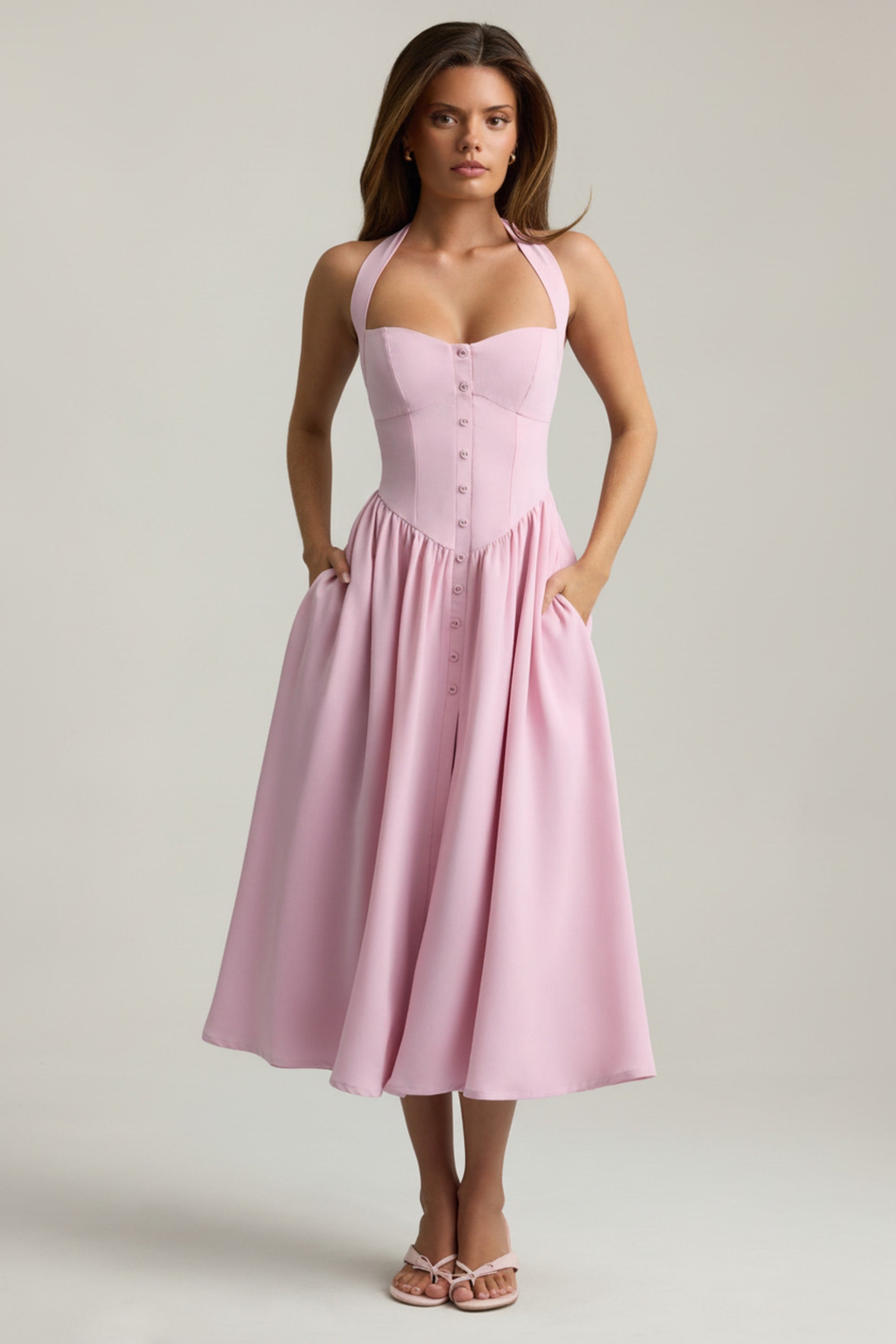 Button-Detail Halterneck Midaxi Dress in Soft Pink