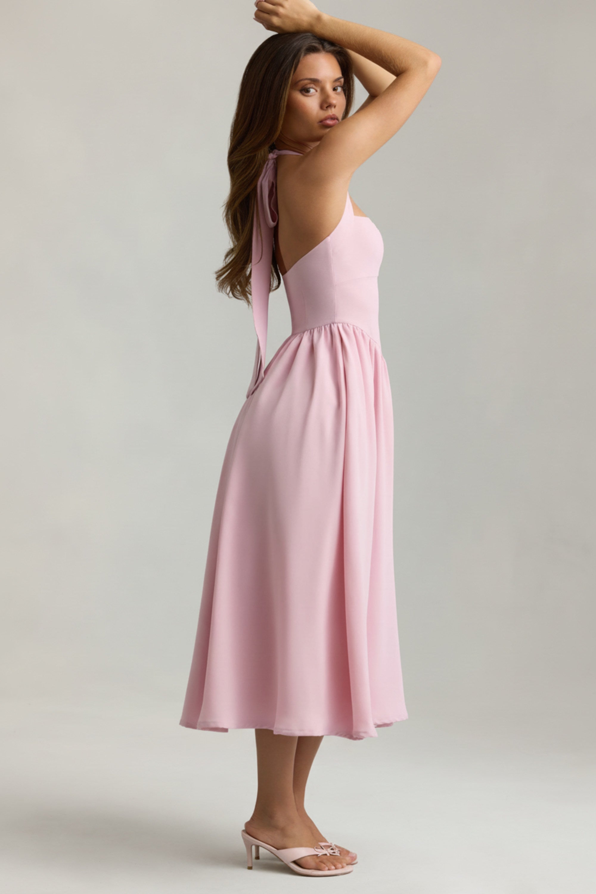 Button-Detail Halterneck Midaxi Dress in Soft Pink