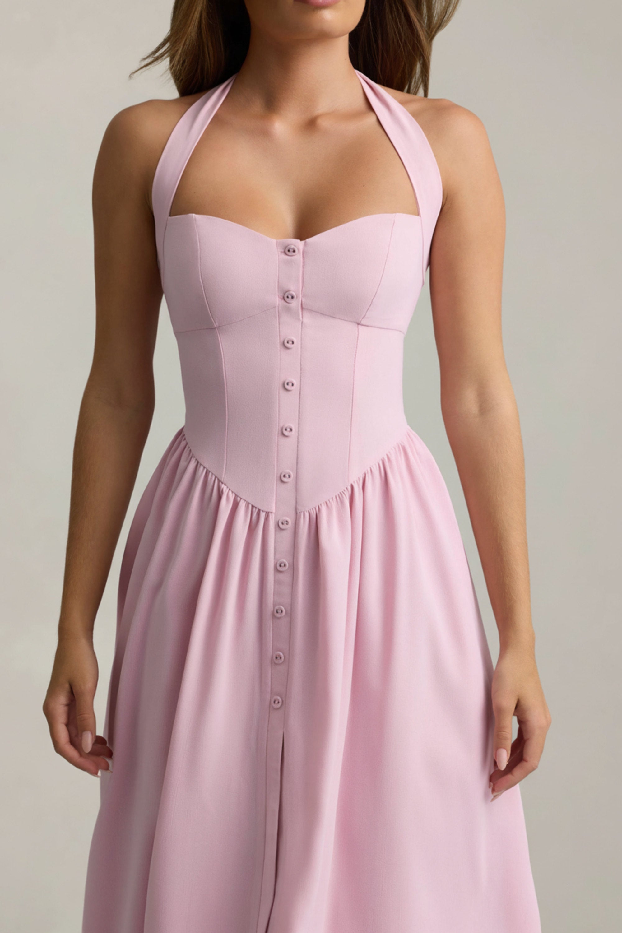 Button-Detail Halterneck Midaxi Dress in Soft Pink