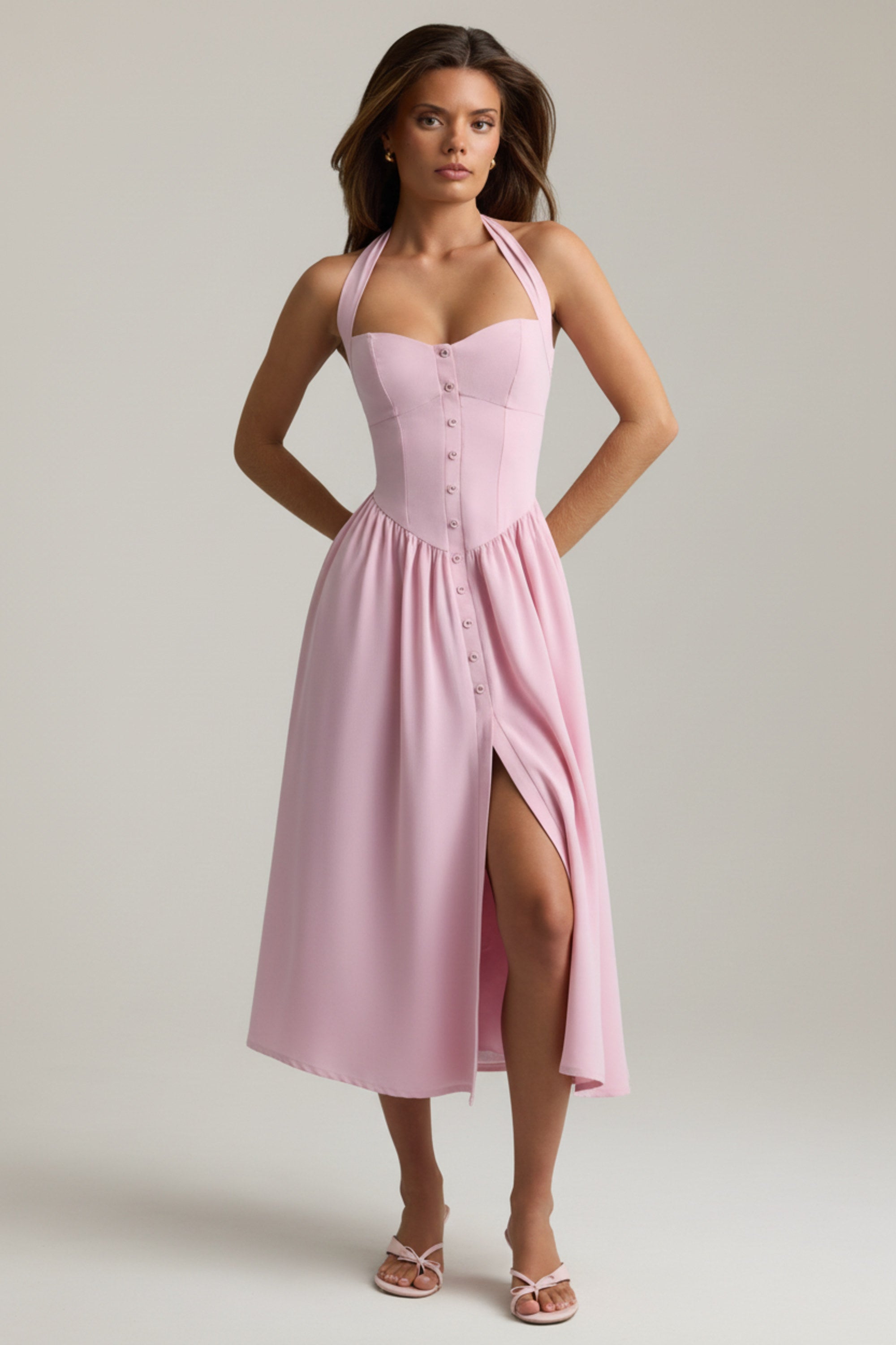 Button-Detail Halterneck Midaxi Dress in Soft Pink