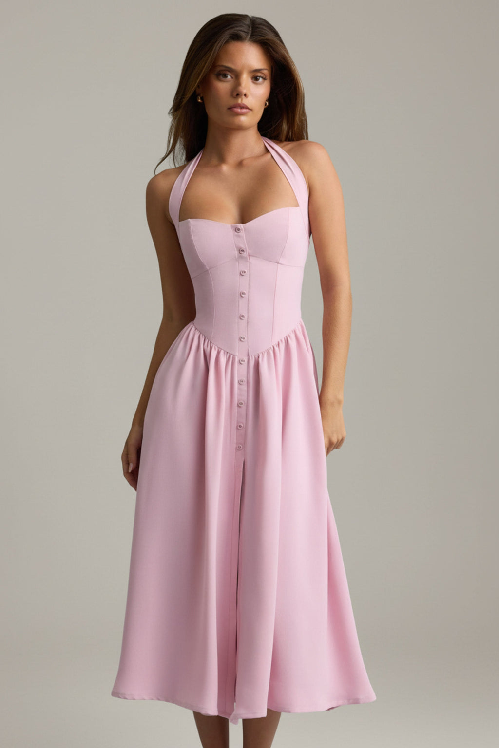 Button-Detail Halterneck Midaxi Dress in Soft Pink