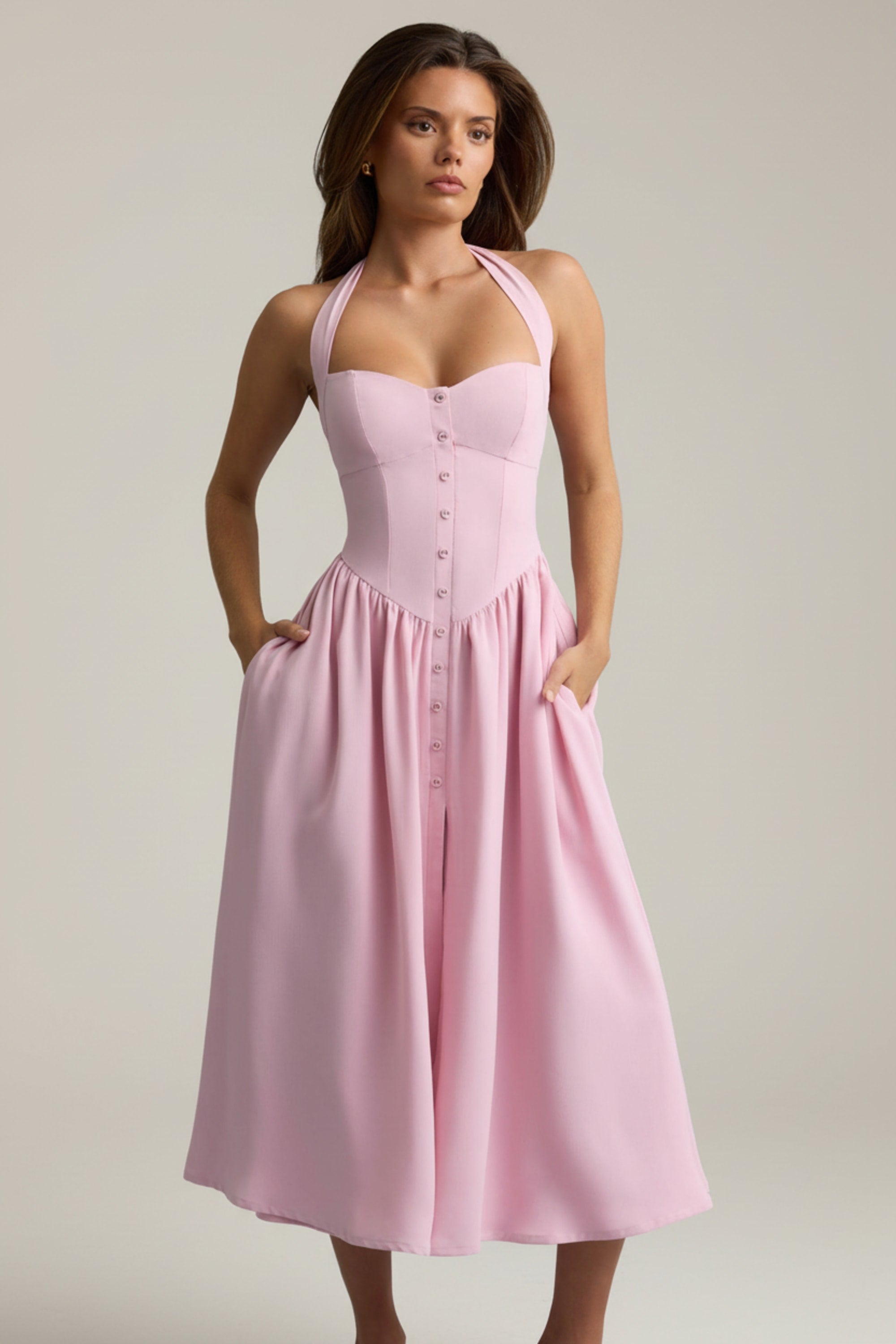 Button-Detail Halterneck Midaxi Dress in Soft Pink