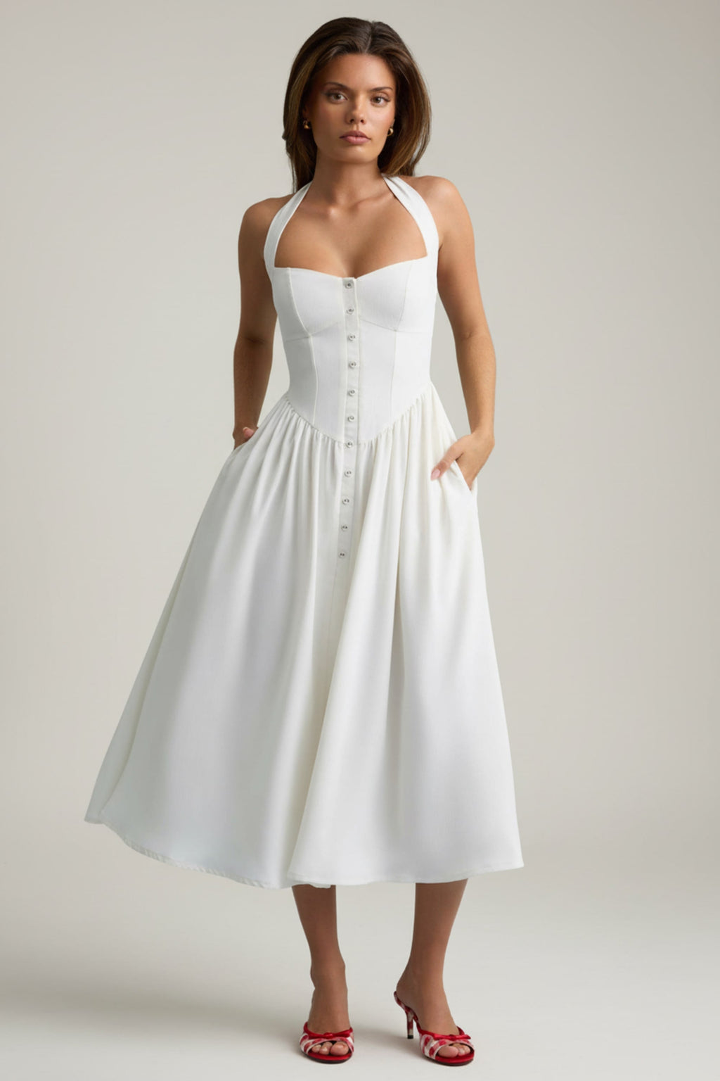 Button-Detail Halterneck Midaxi Dress in White