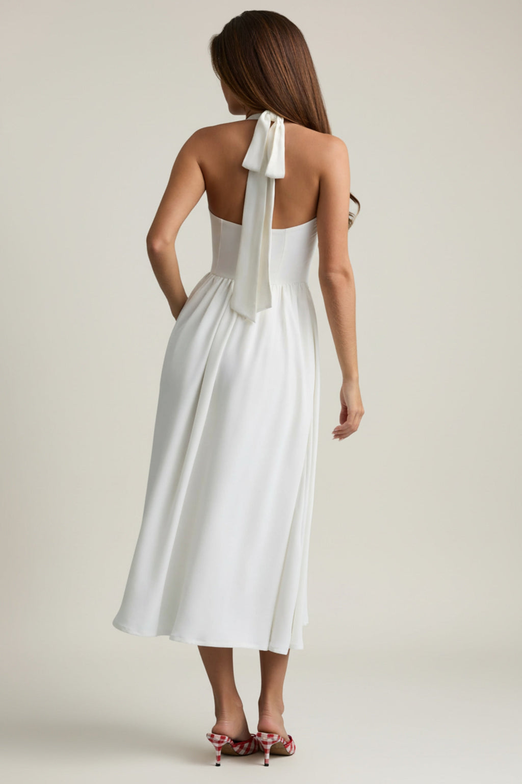 Button-Detail Halterneck Midaxi Dress in White
